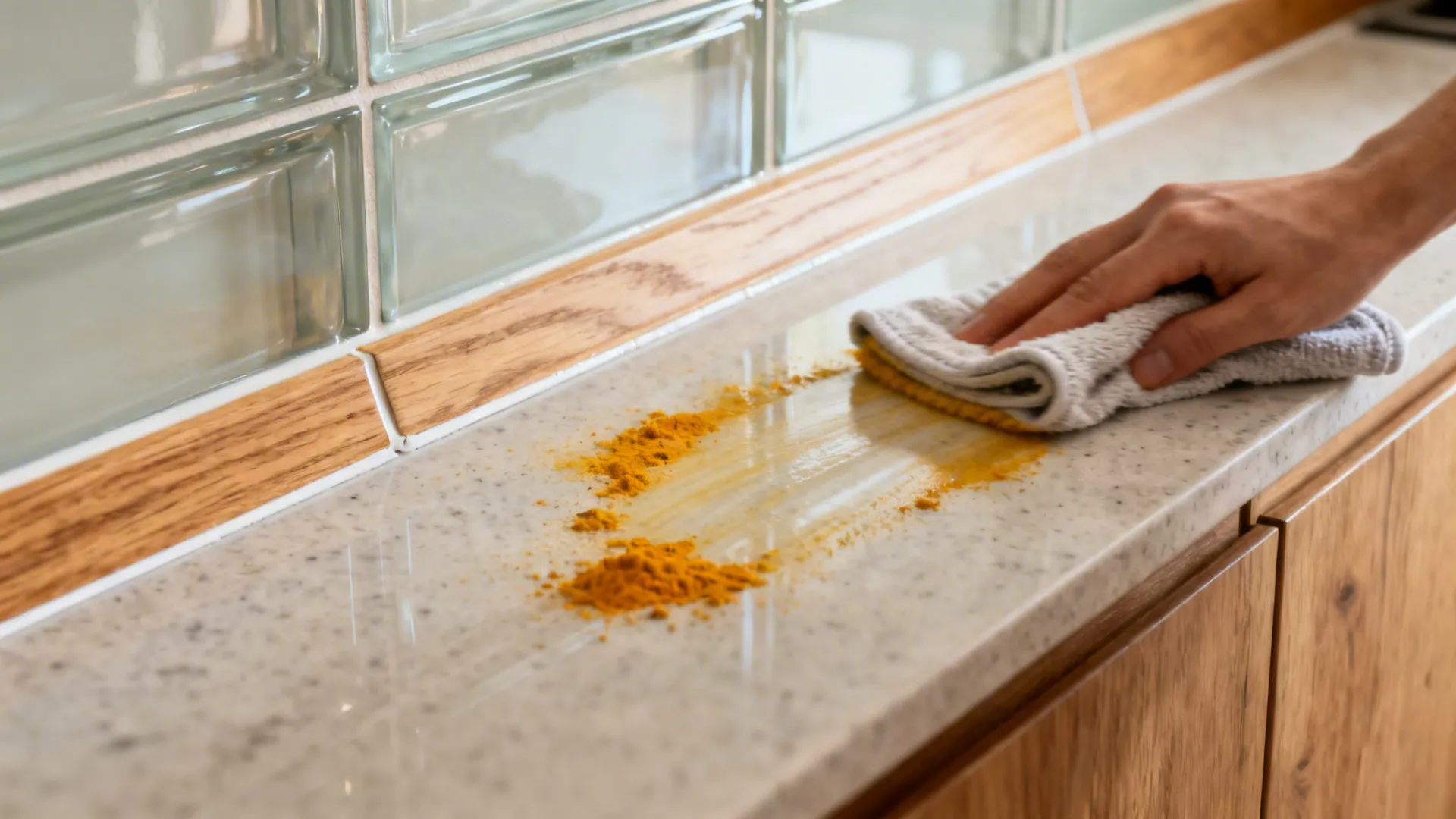 Close-up of a glass backsplash and quartz counter showing easy wipe-clean surfaces in soft daylight.