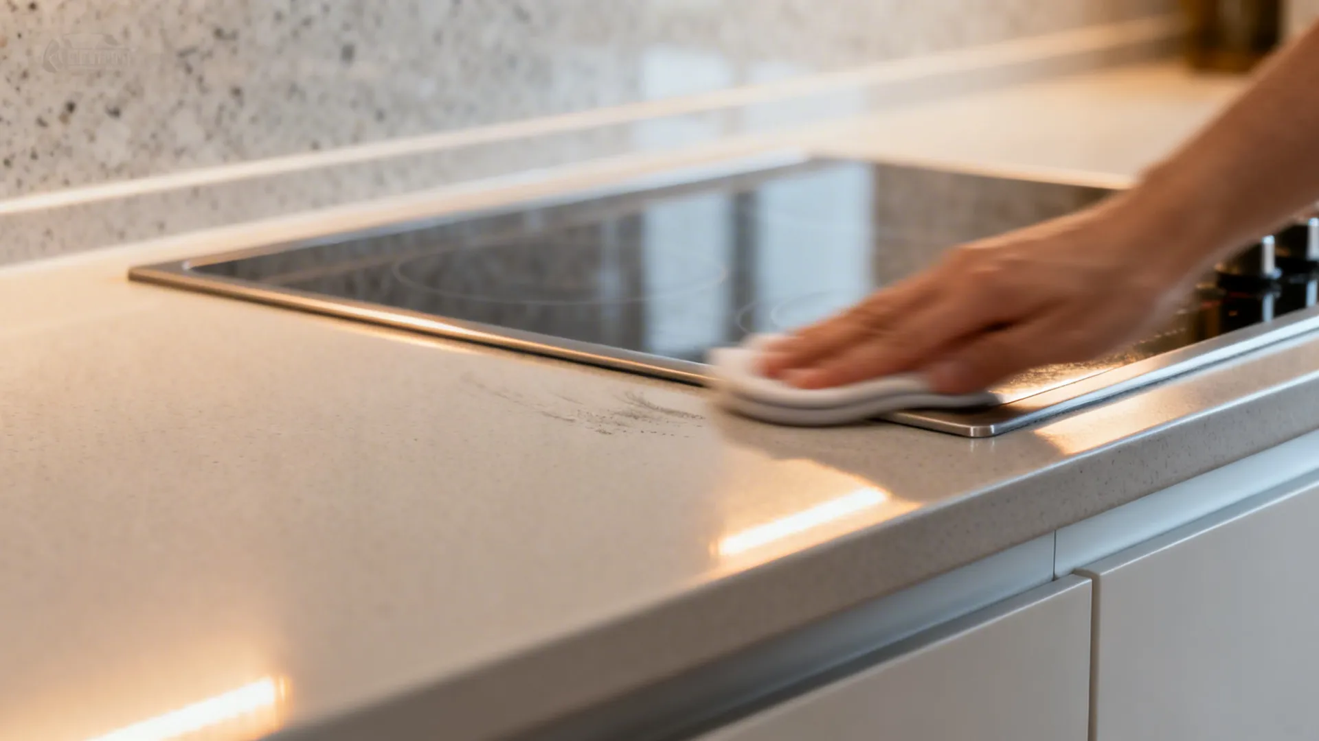 Close-up of anti-fingerprint matte cabinet surface and quartz backsplash being wiped clean.