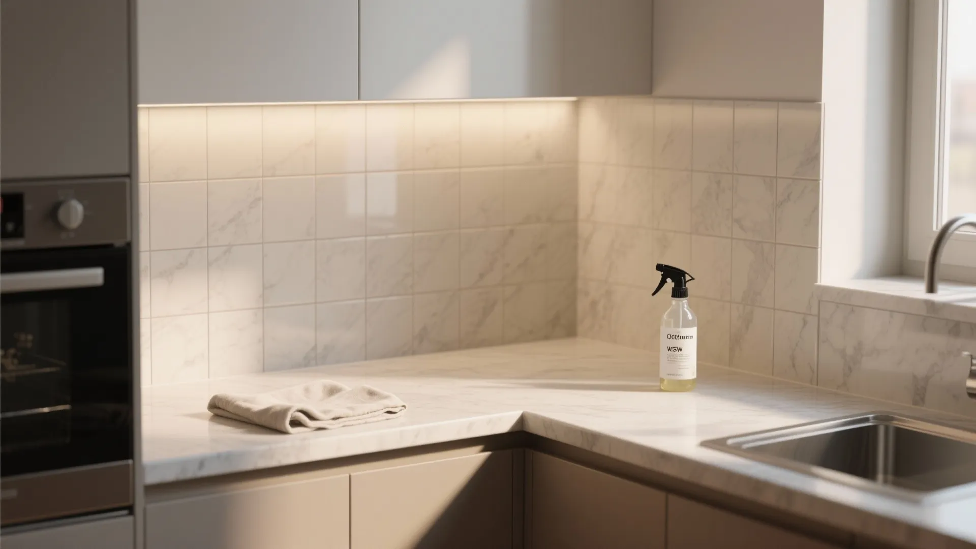 Clean marble kitchen countertop with a cleaning spray bottle and folded cloth under warm light