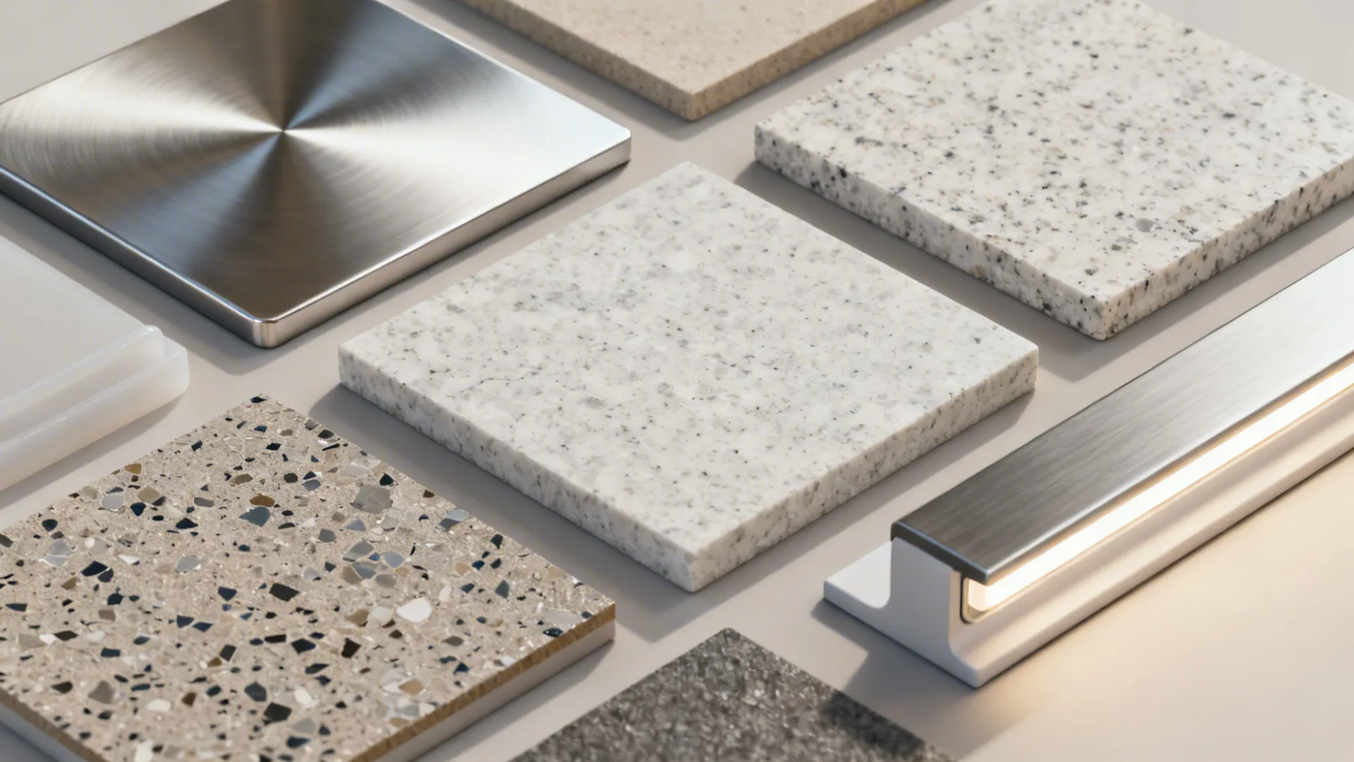 Flat lay of stainless, quartz, epoxy floor chips, and task lighting components.