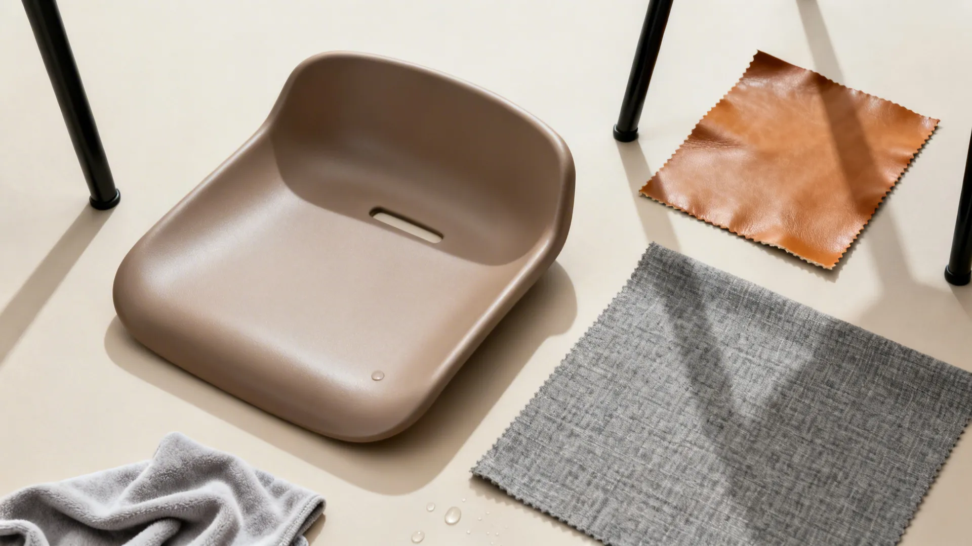 Flat lay of matte polypropylene, protected leather, performance fabric, and powder-coated metal samples.