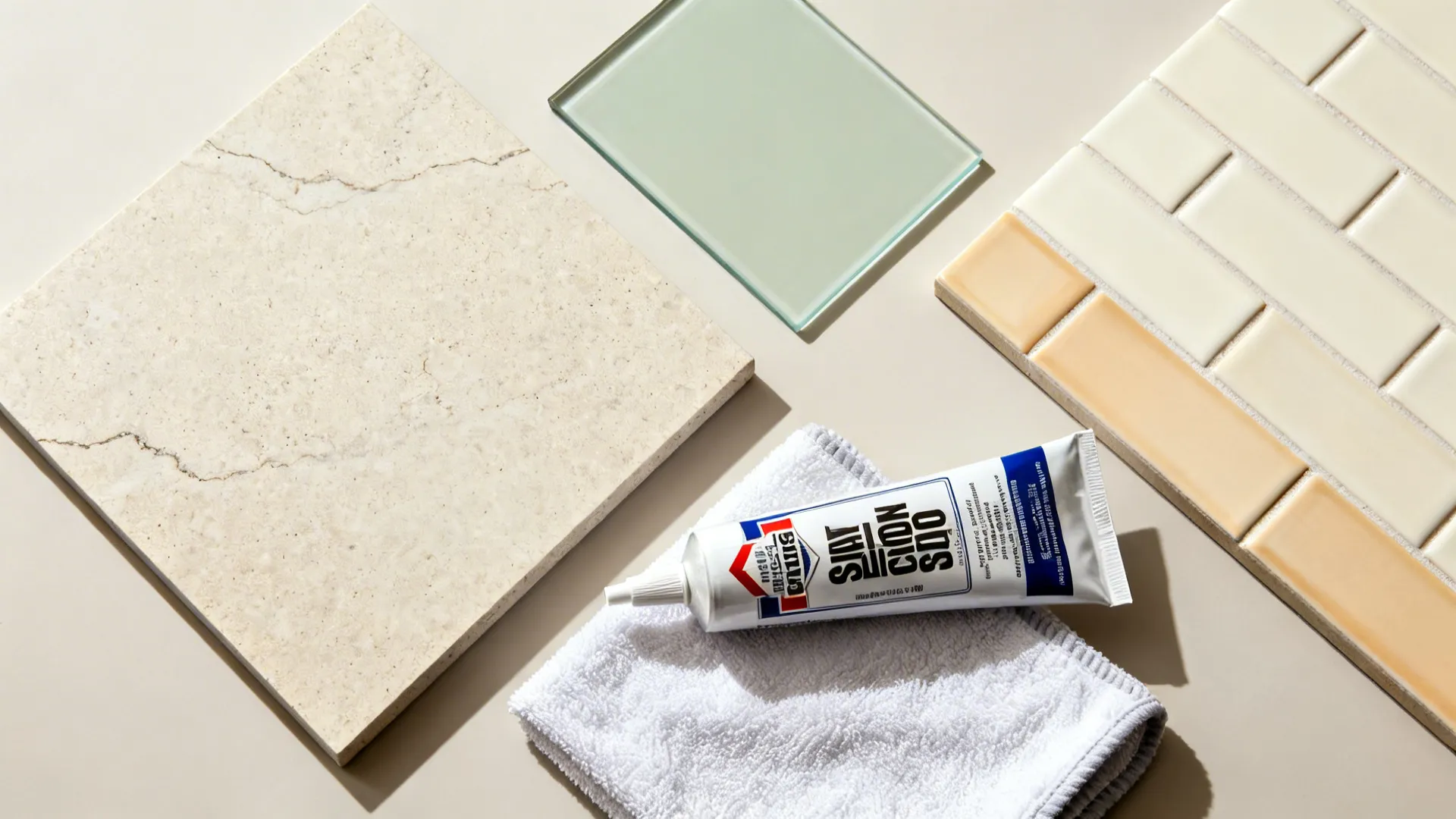 Flat lay of quartz, porcelain, sage glass, and glazed tiles for easy-clean Indian kitchens.