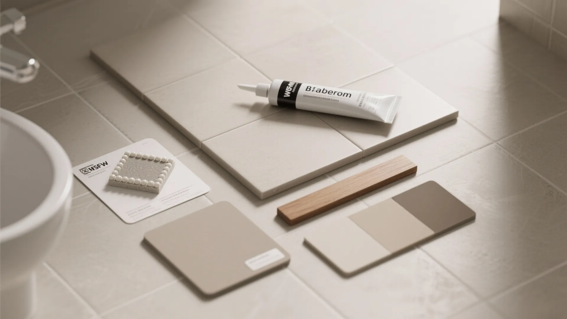 Close up of cream bathroom floor tiles with adhesive tube, wood sample, and color swatches
