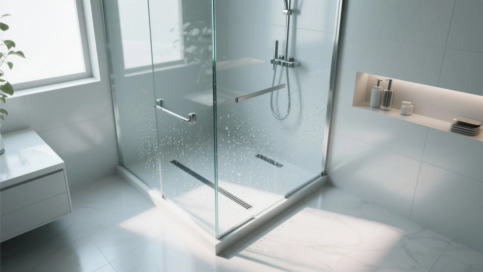 Glass shower enclosure with water droplets white wall tiles metal shower head and wall niche