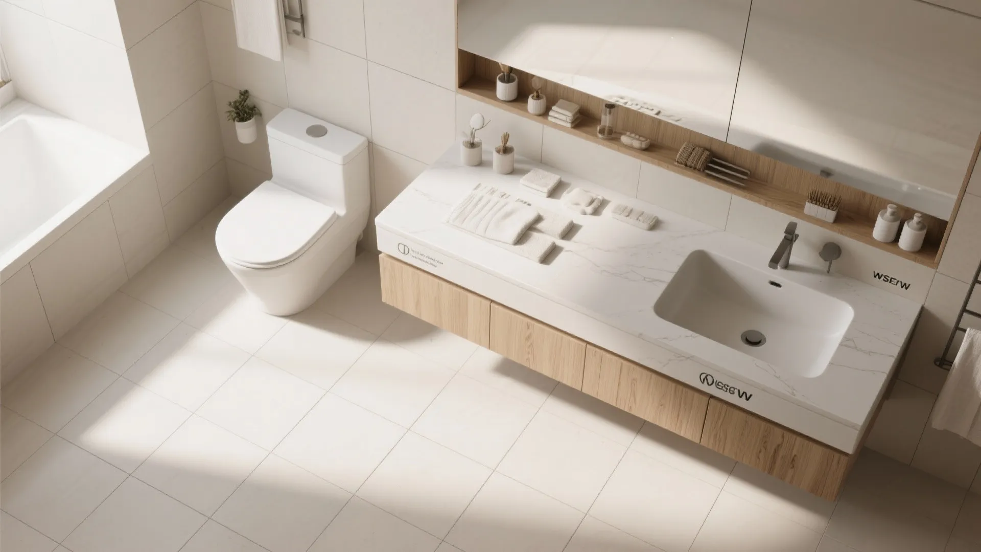 Top view of a clean modern bathroom with white floor tiles toilet and wooden cabinet