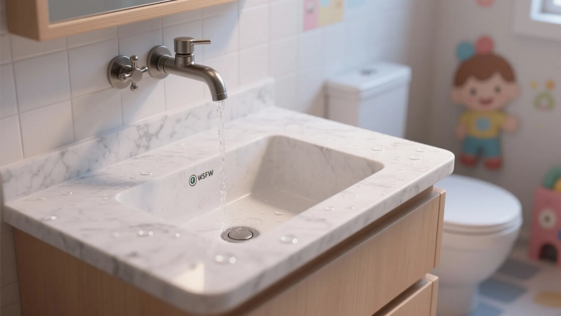 Water running from a wall mounted faucet into a white marble sink in a bathroom