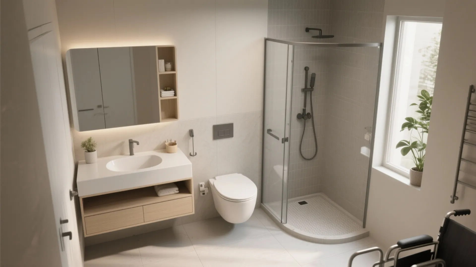 Modern bathroom layout with white sink cabinet toilet glass shower cabin and small green plant