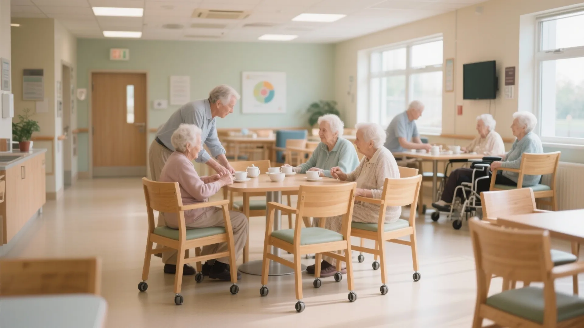 Residents easily moving lightweight chairs in a bright dining room