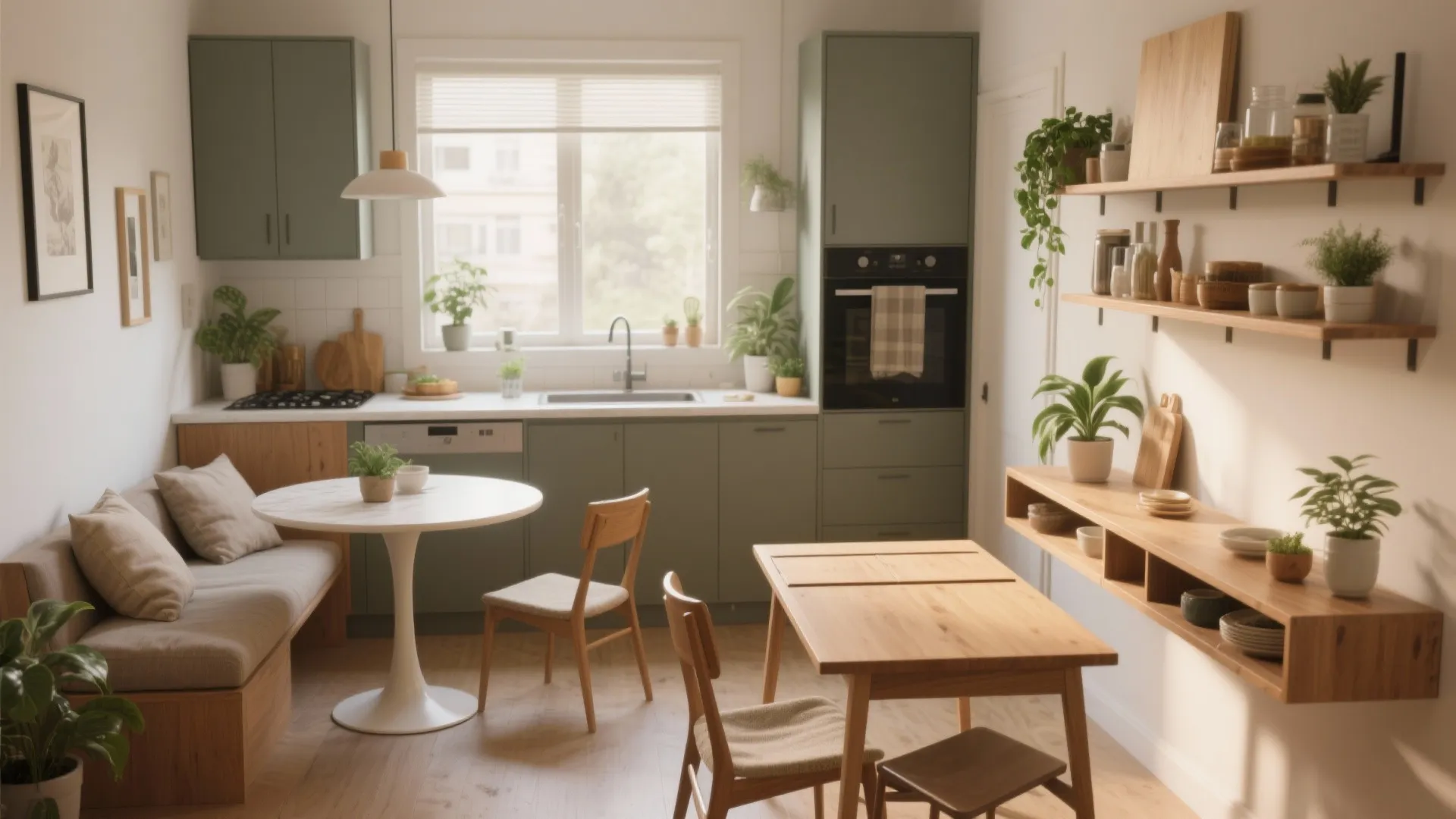 Modern green kitchen with white round table, wooden chairs, green cabinets, and plenty of sunlight