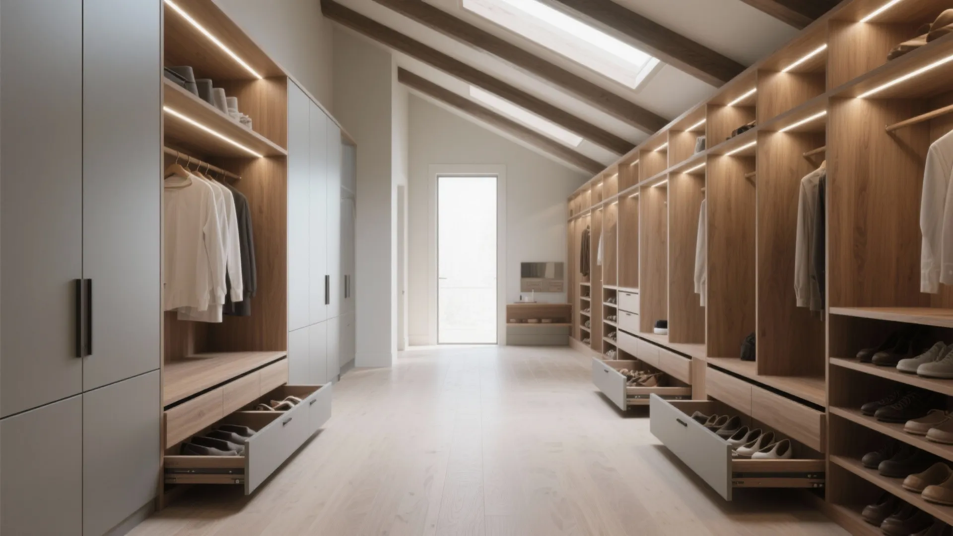 Large walk-in closet with wooden cabinets built-in lighting clothes drawers and a sloped ceiling with windows
