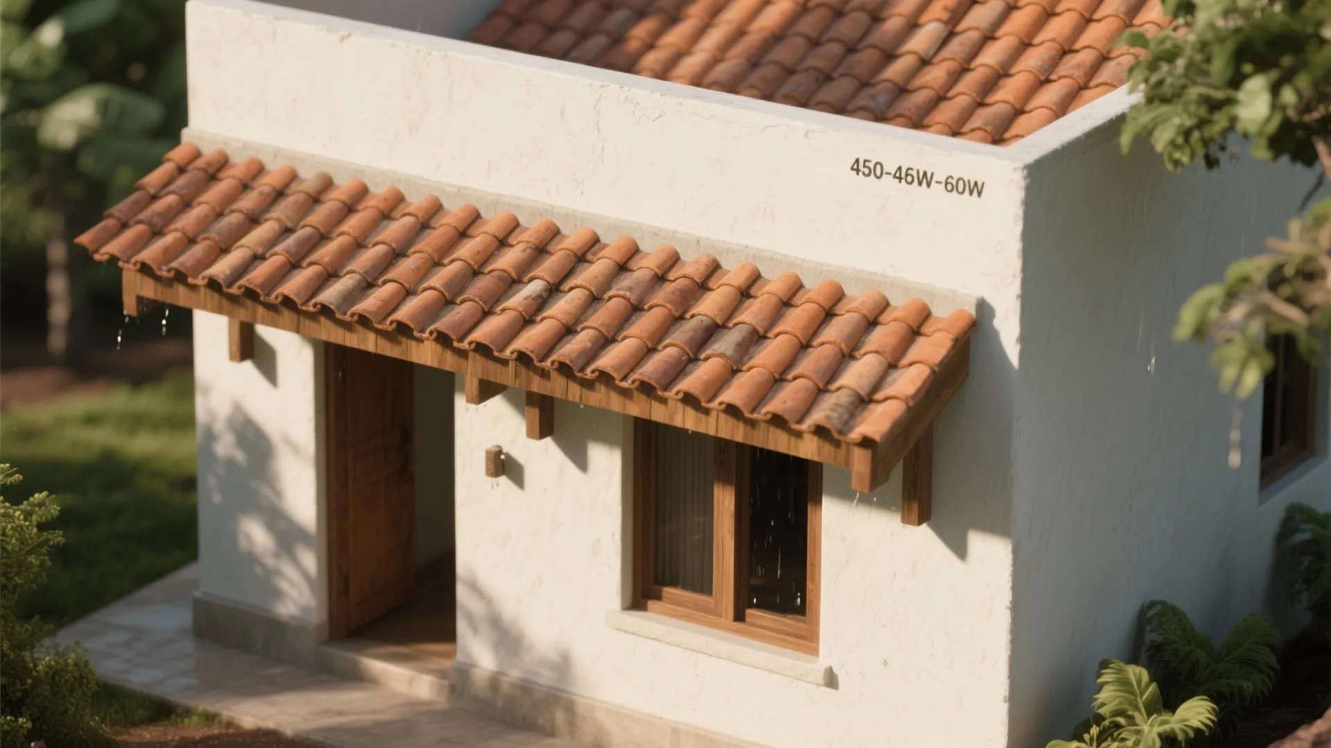 Small white house exterior featuring orange clay roof tiles, wooden door, window, and green plants