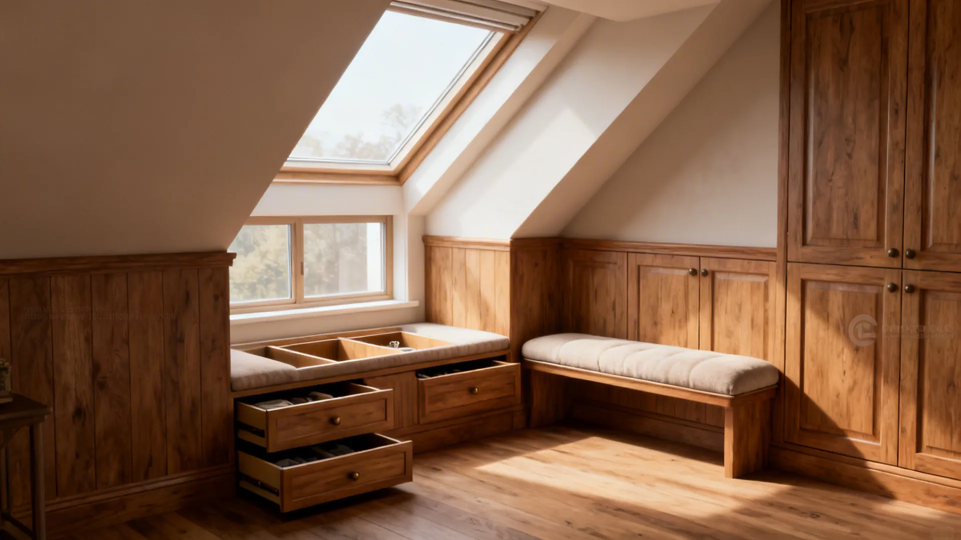 Attic room with wooden wall panels and built in drawers under a large bright roof window