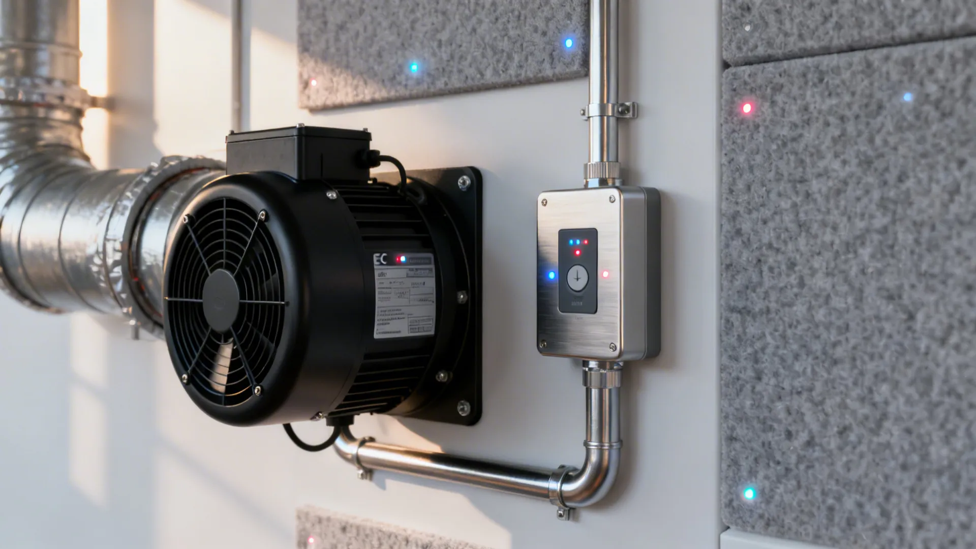 Macro view of an EC exhaust fan with variable-speed controller and sensors, highlighting quiet, efficient control.