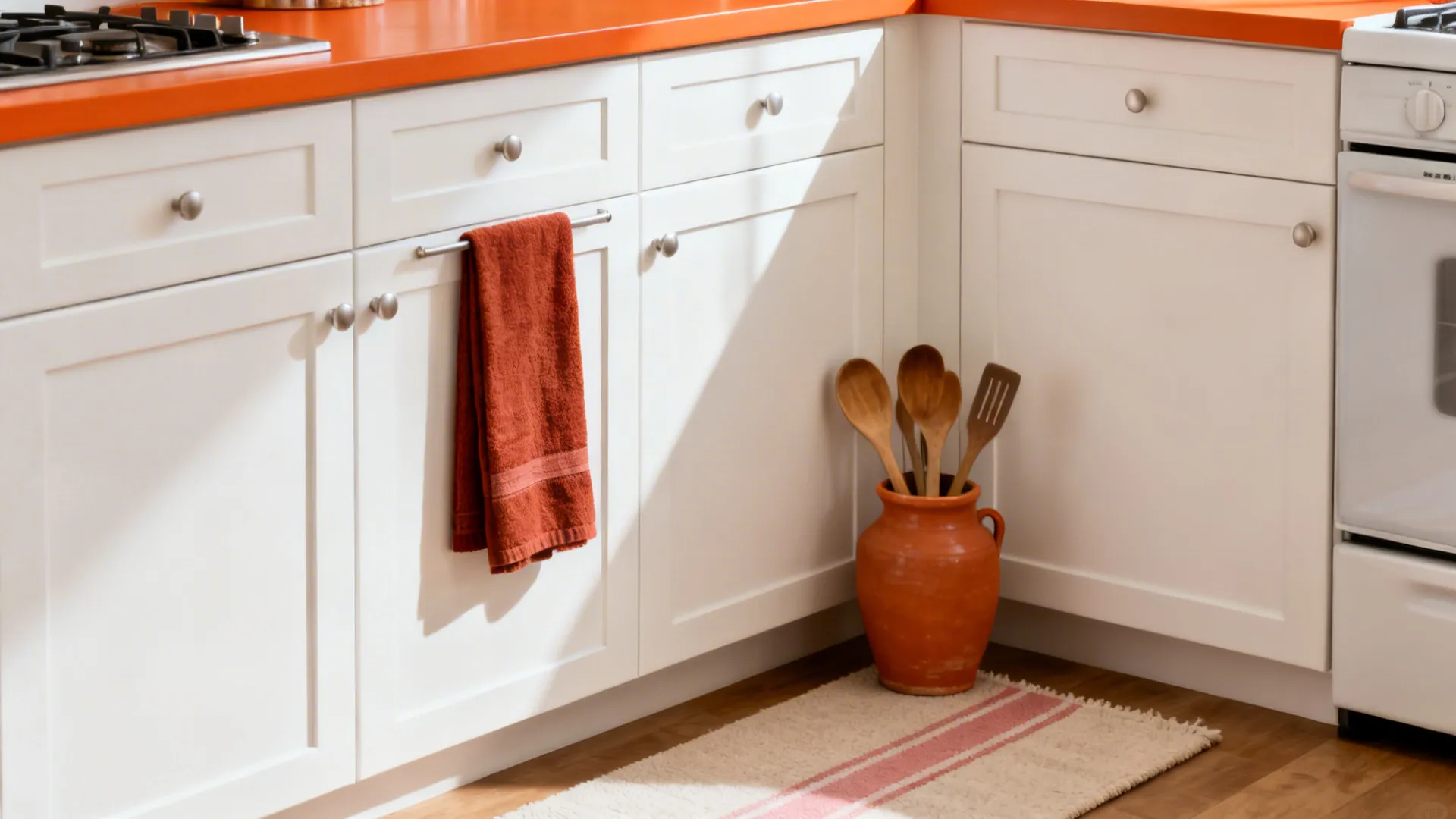 Orange countertop with rust towel, terracotta jar, and a clay-pink striped rug in a light kitchen.