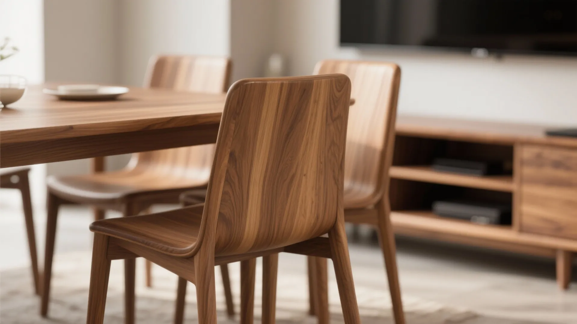 Close-up of matching wood textures in dining and living furniture