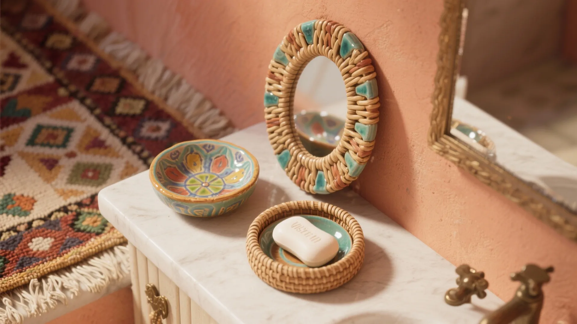 Close-up of woven mirror, colorful ceramic soap dishes and patterned rug showing texture and glaze.