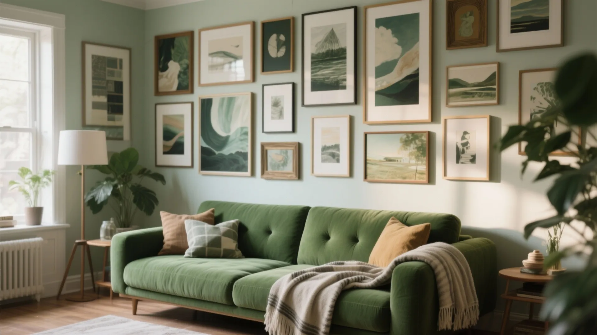 Green sofa in front of a gallery wall with many framed pictures and floor lamp