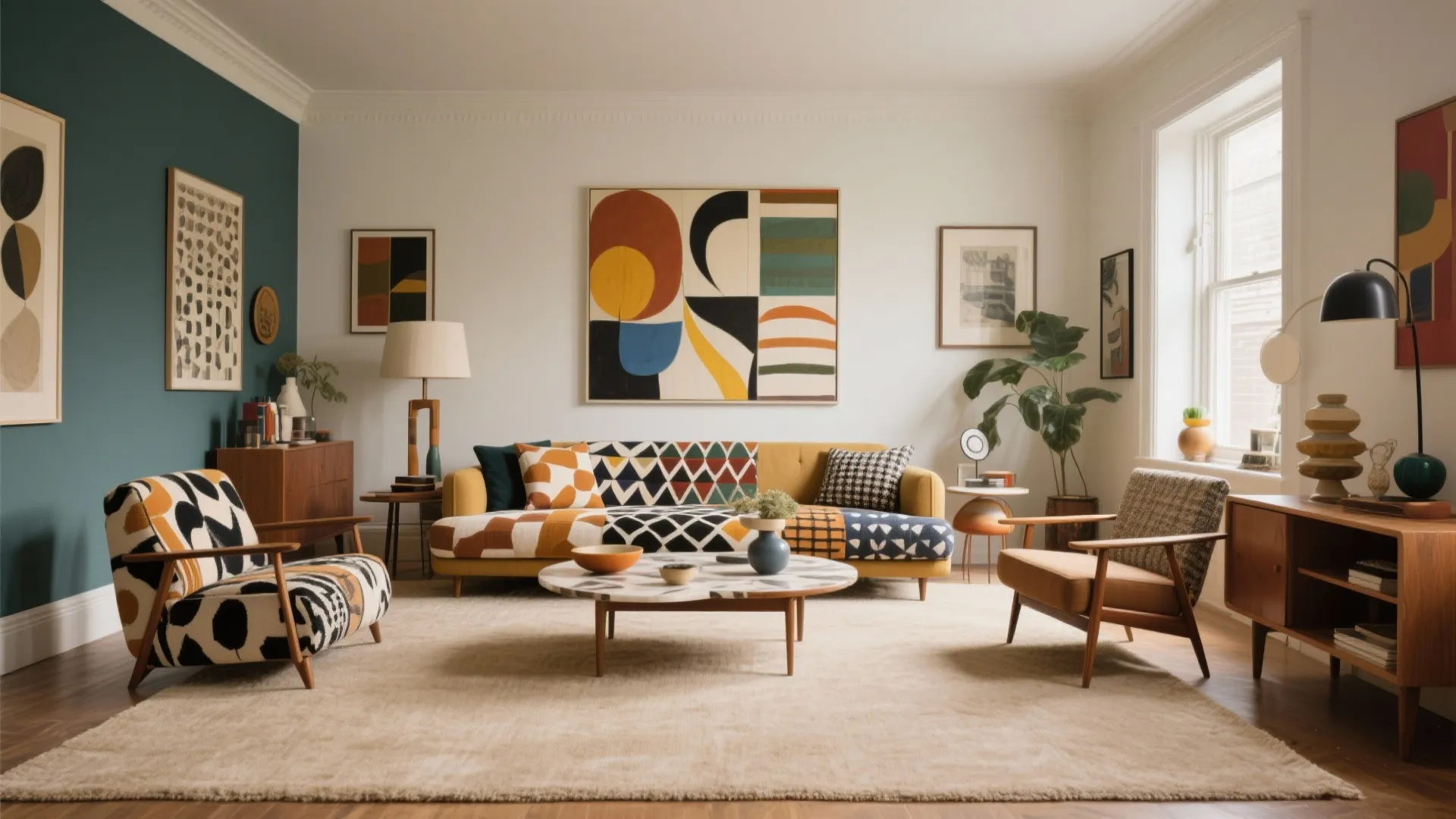 Colorful eclectic living room with yellow sofa abstract wall art patterned chairs round table rug