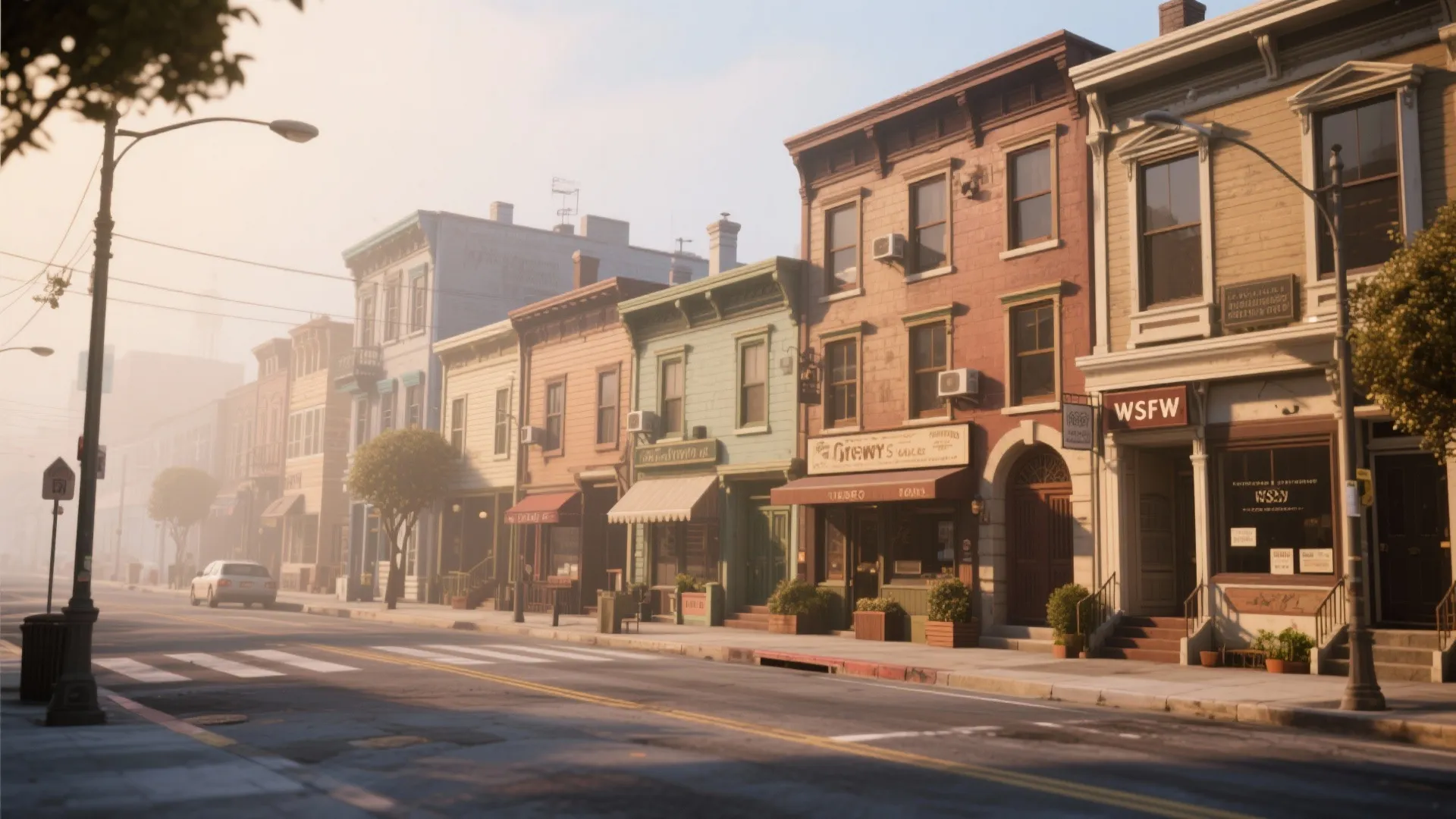 Wide street view of a mixed-era San Francisco block with varied-saturation facades within one hue family.