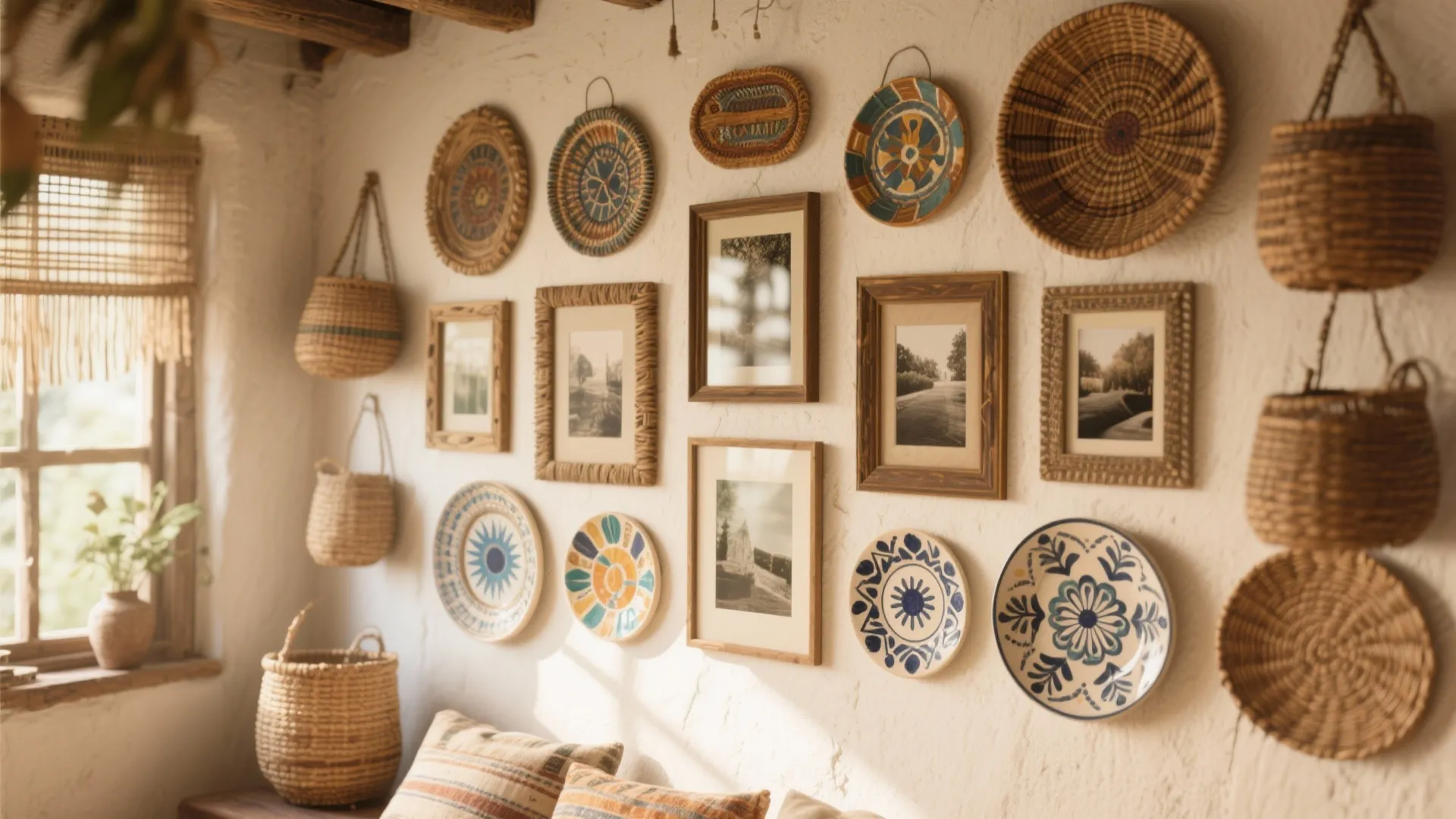 Boho style wall decor with woven baskets framed art pieces and colorful ceramic plates near window