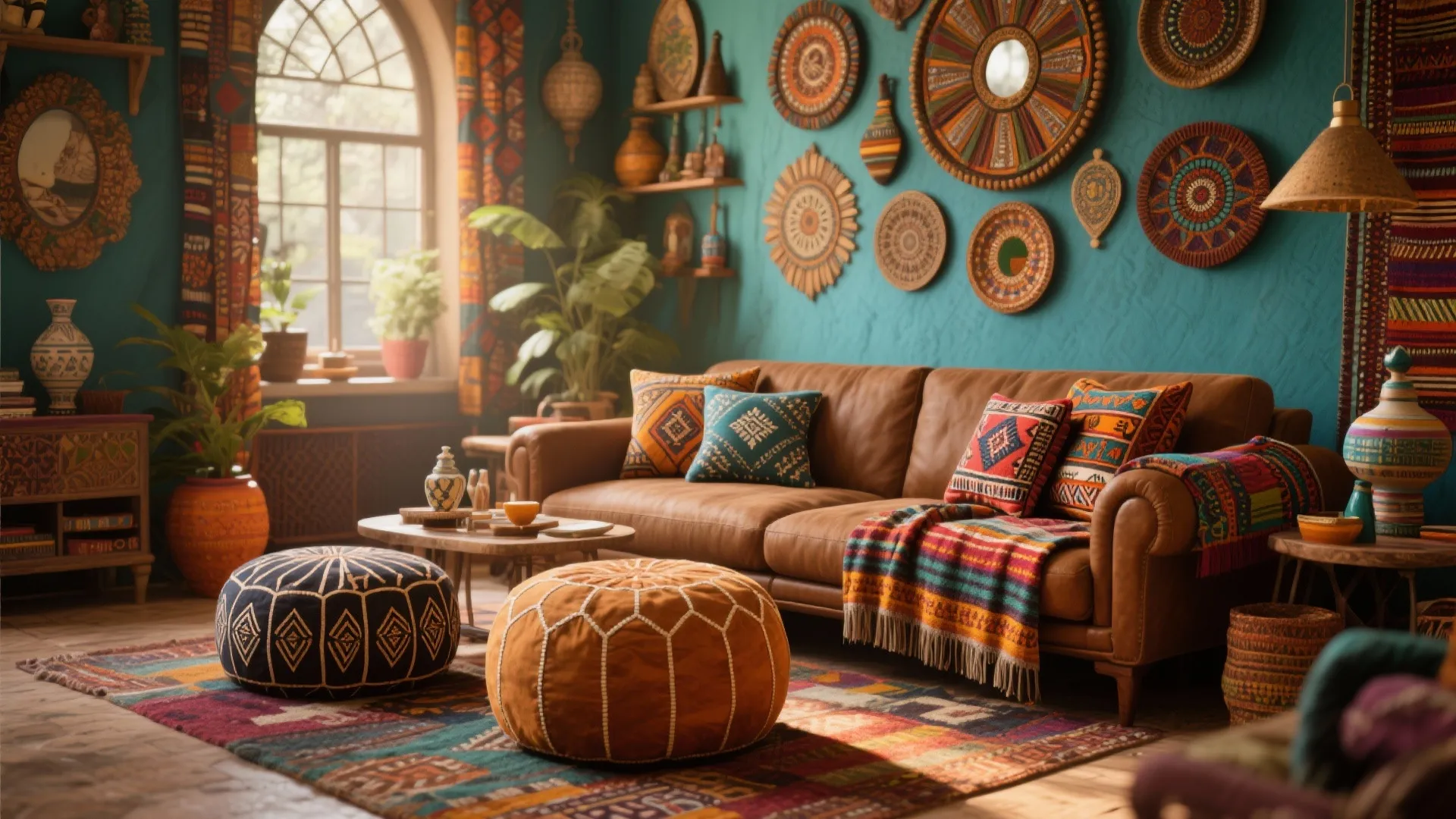 Brown couch with global accents like Moroccan poufs and block-print pillows