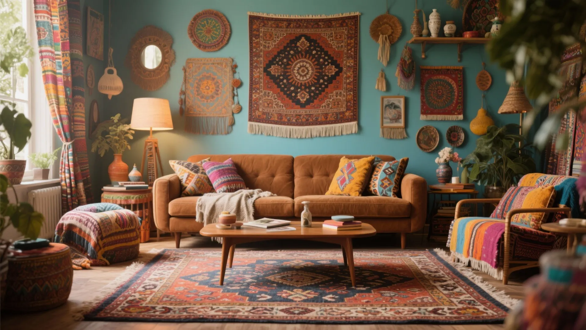 Eclectic living room featuring teal walls, brown sofa, patterned rug, colorful wall tapestries, and lamp