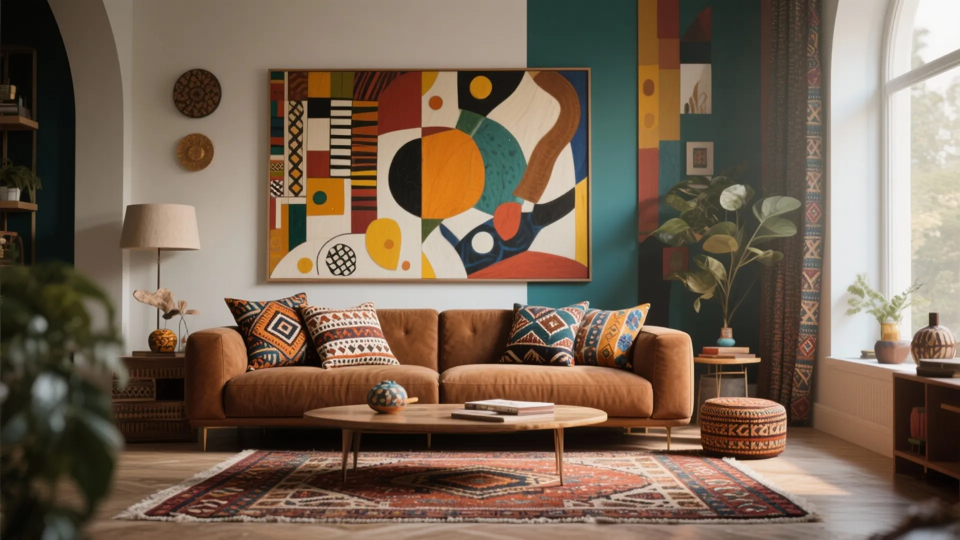 Colorful living room featuring brown sofa large abstract wall art patterned rug and round coffee table