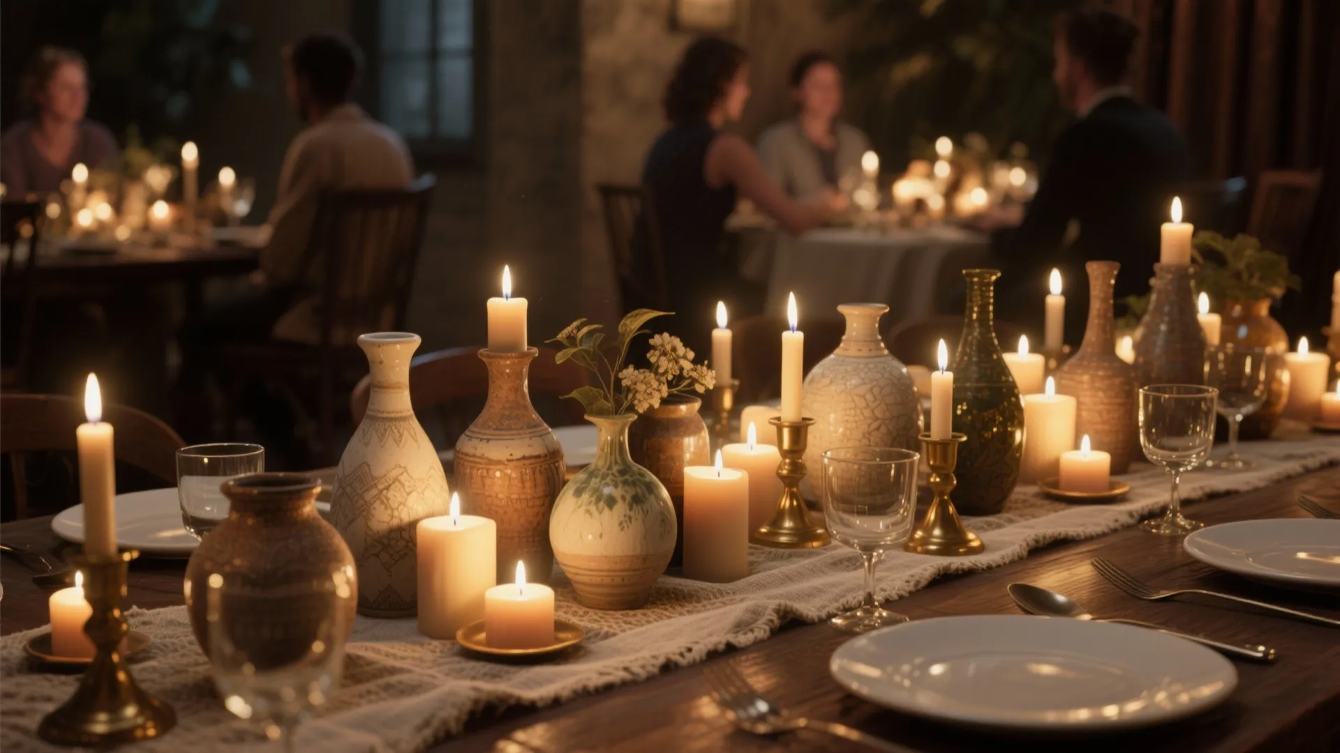 5. Eclectic Centerpieces and Low Lighting