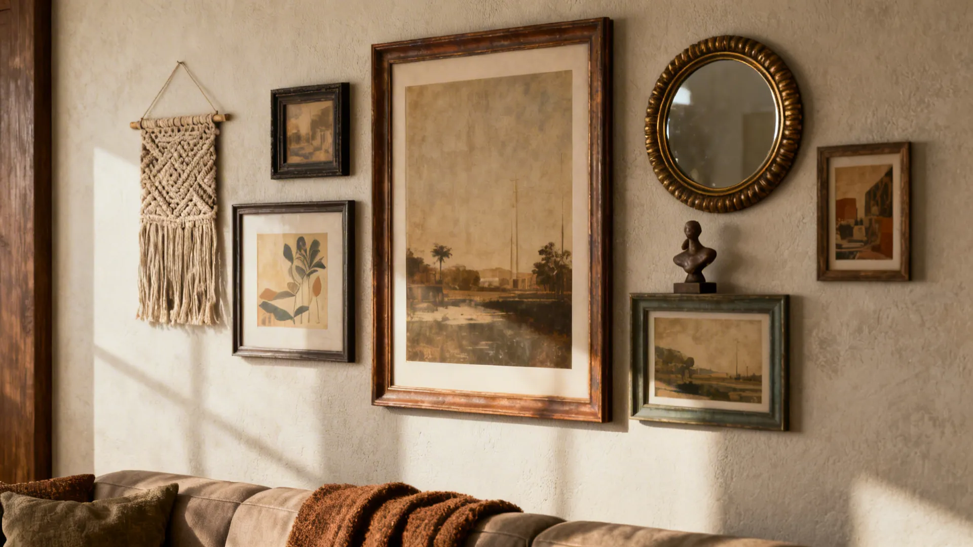 Wall collage of mixed frames, mirror and woven textile creating a collected look