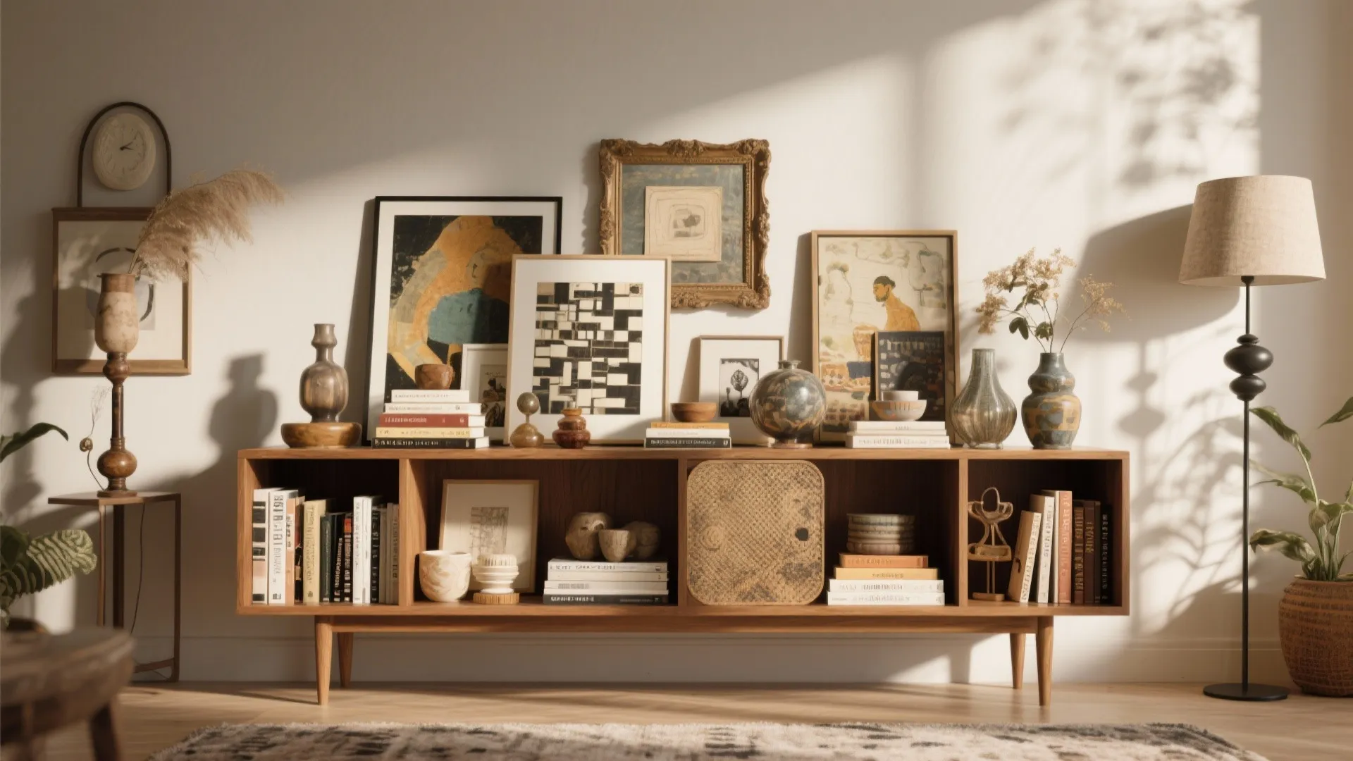 Eclectic mix of modern and vintage items on a console table