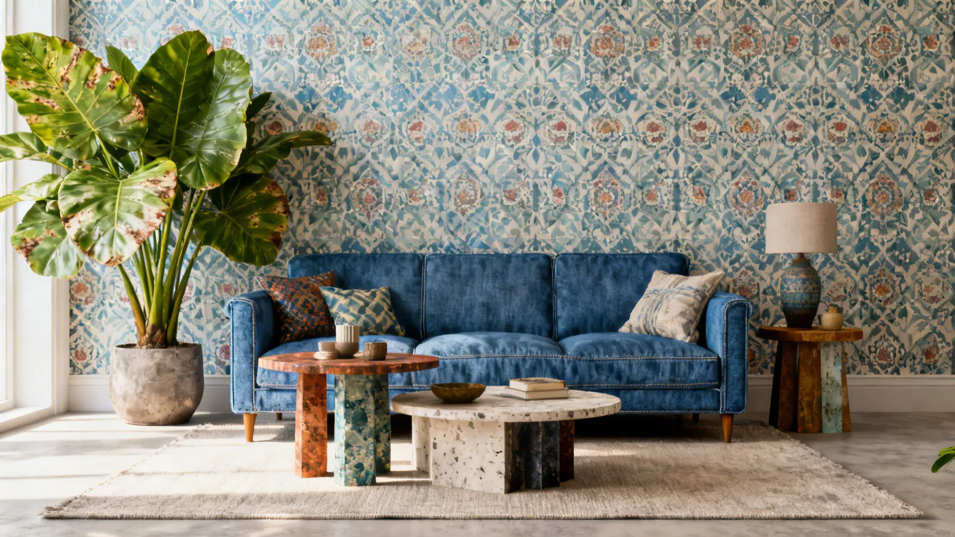Eclectic living room with a denim-blue sofa, patterned wallpaper and a large plant.
