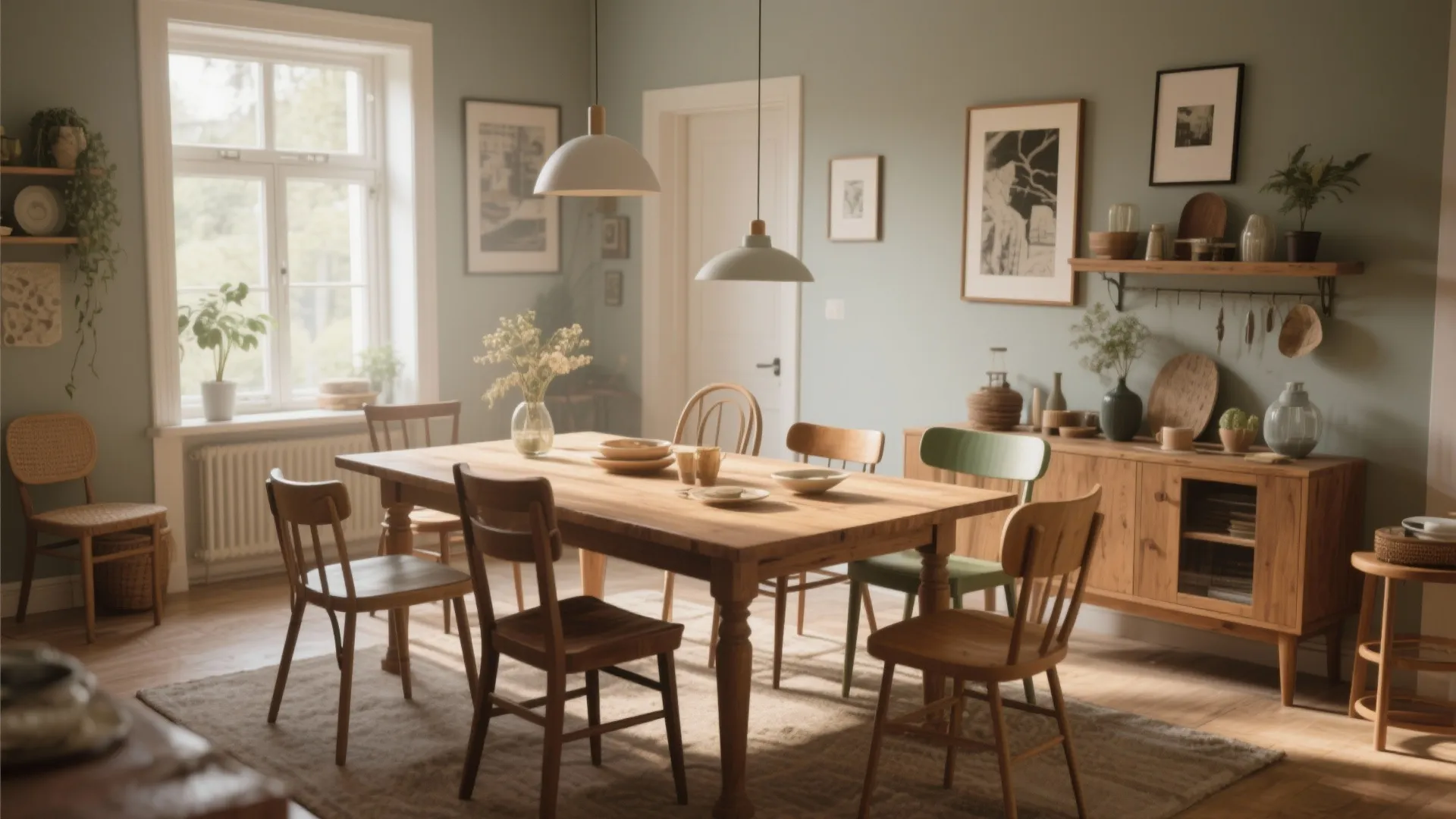 Eclectic dining room with mixed wooden chairs around a large table and light green walls