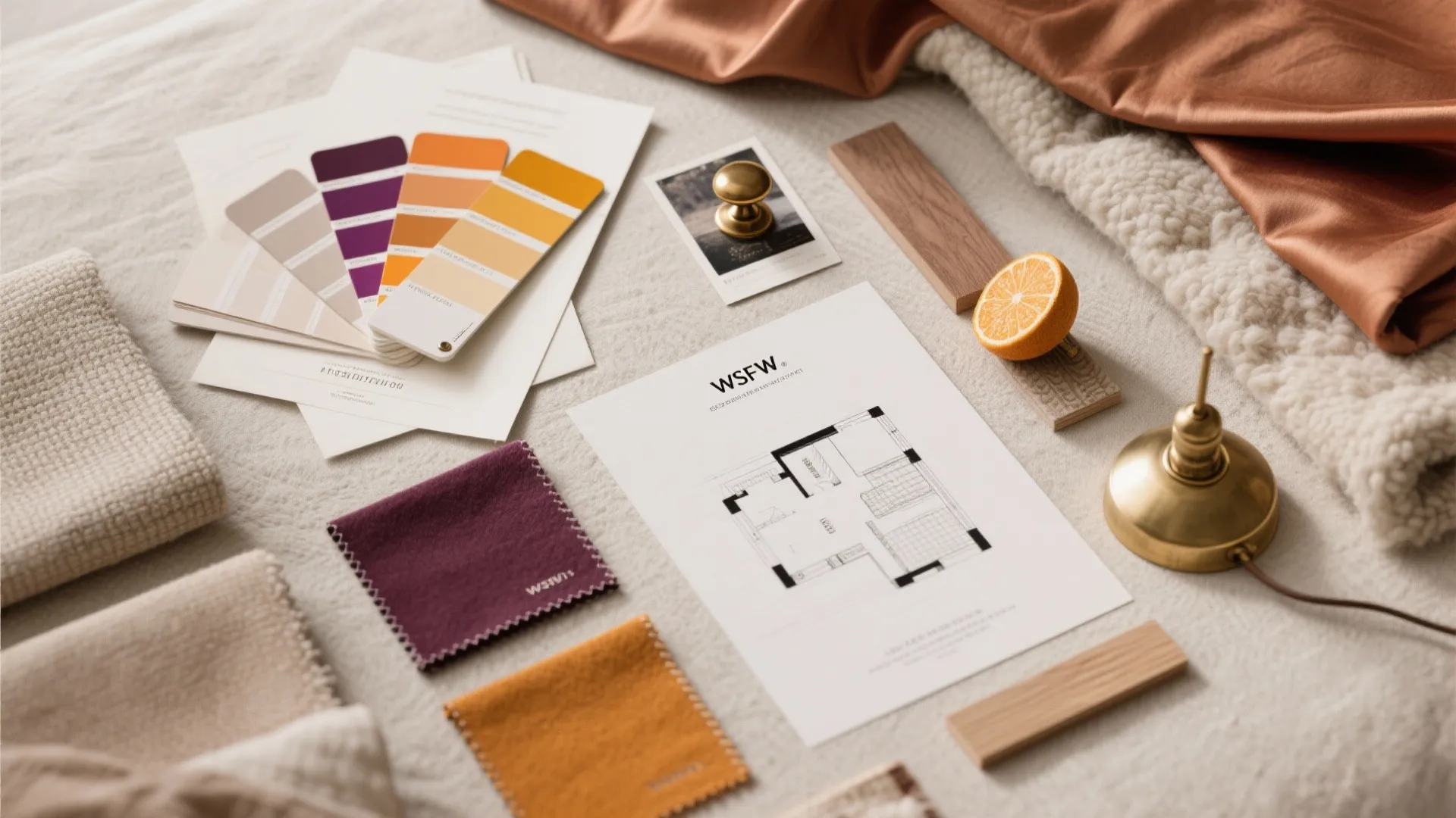 Interior design mood board showing floor plan color swatches fabric samples and small gold metal hardware
