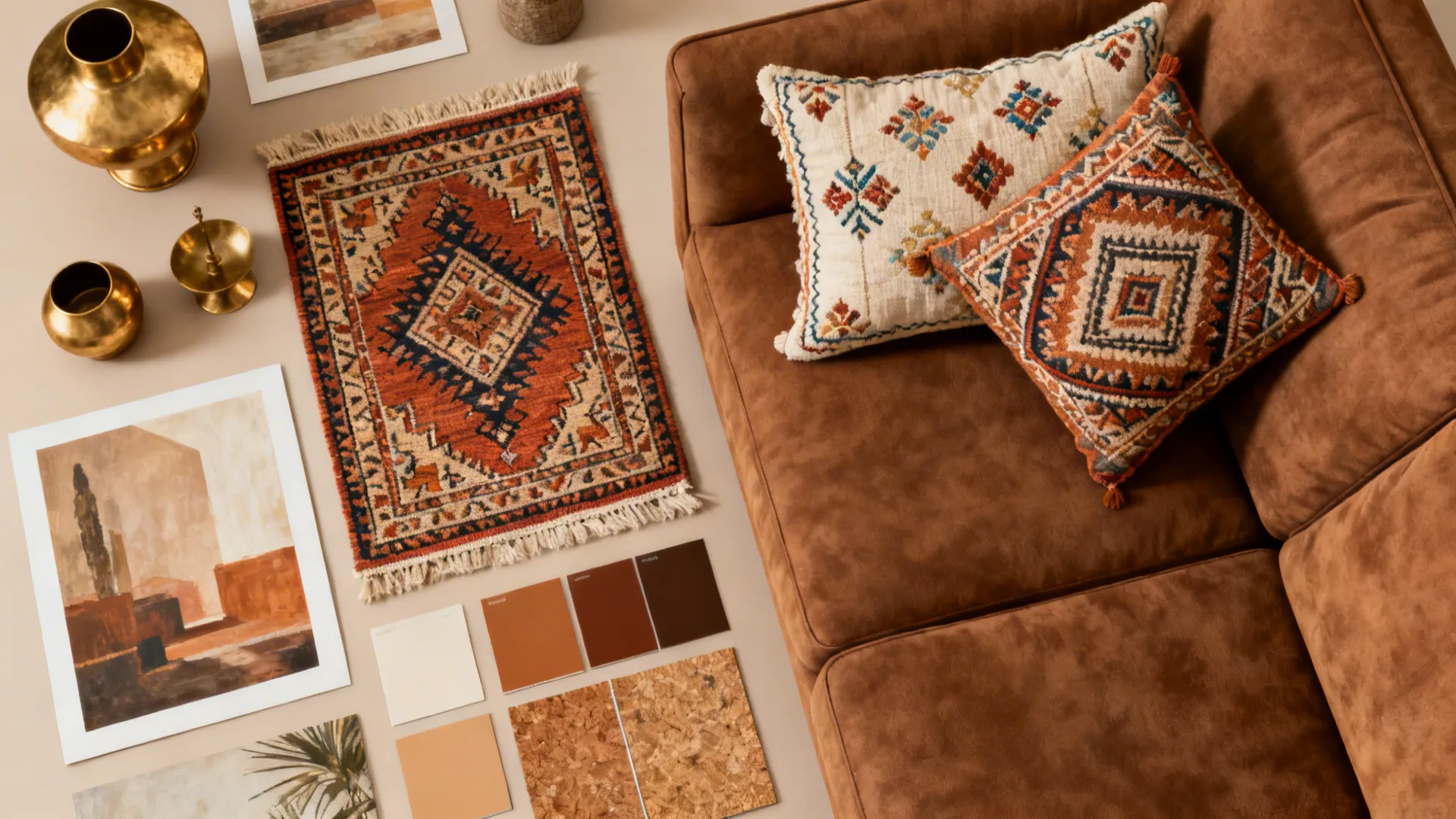 Flatlay of patterned rugs, embroidered pillows and brass accents for styling a brown sofa.