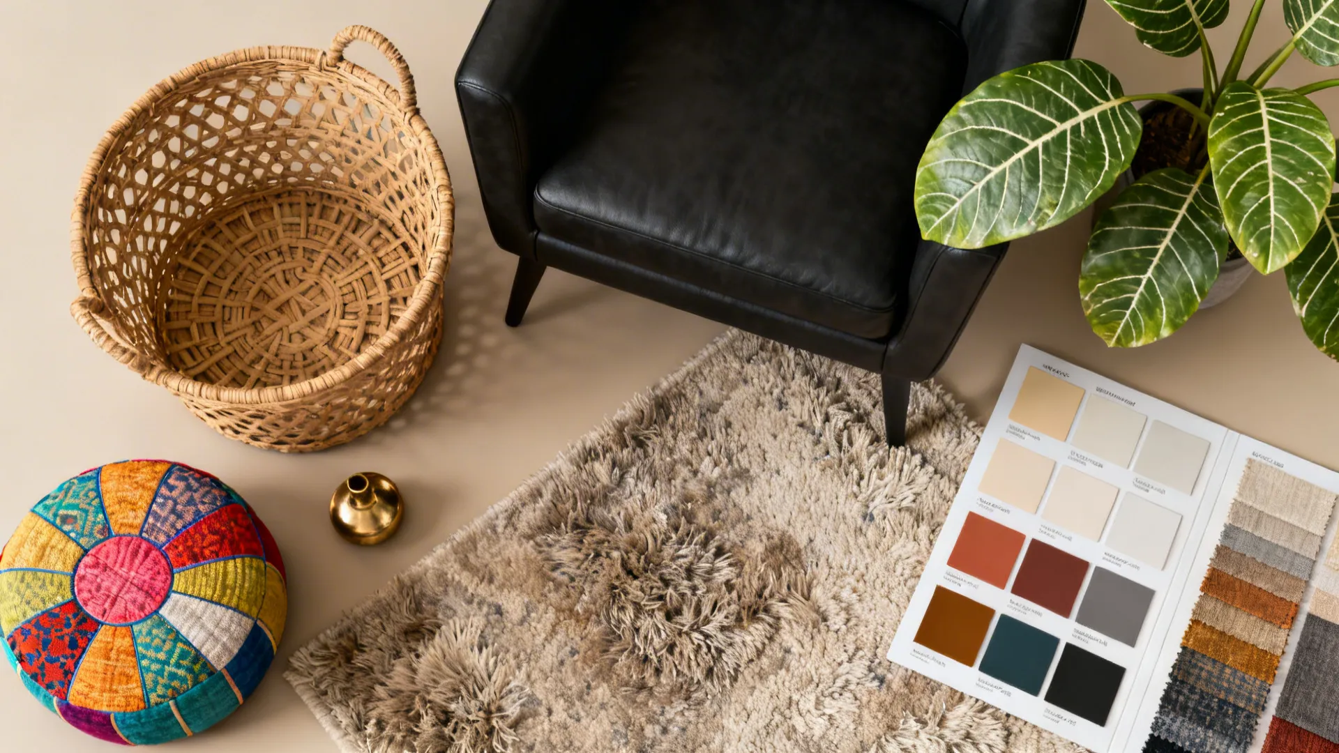 Flatlay of rattan, colorful pouf swatches, plant leaves and rug textures for styling black furniture.