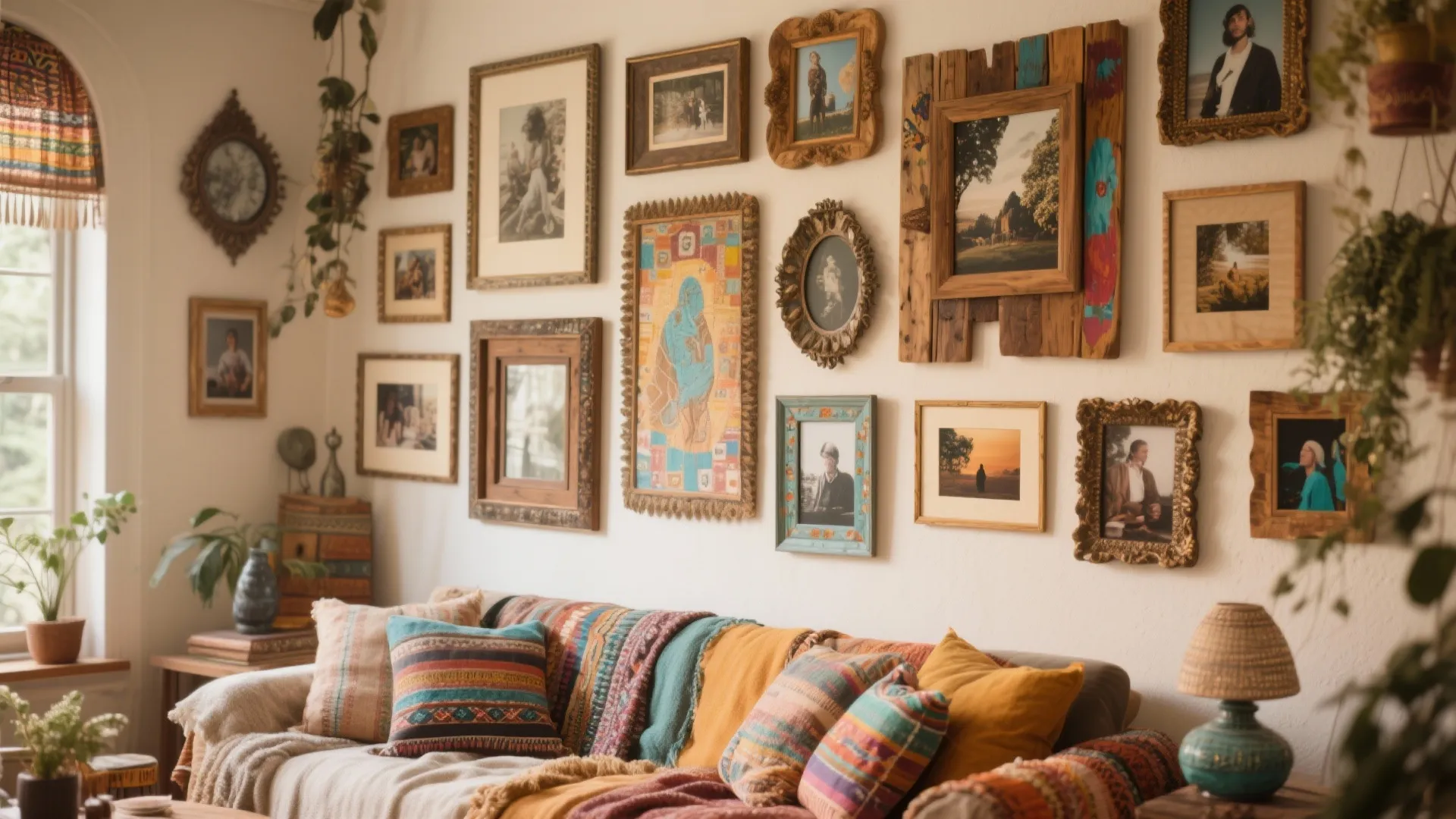 Bohemian living room wall with mixed wood, metal, and painted frames