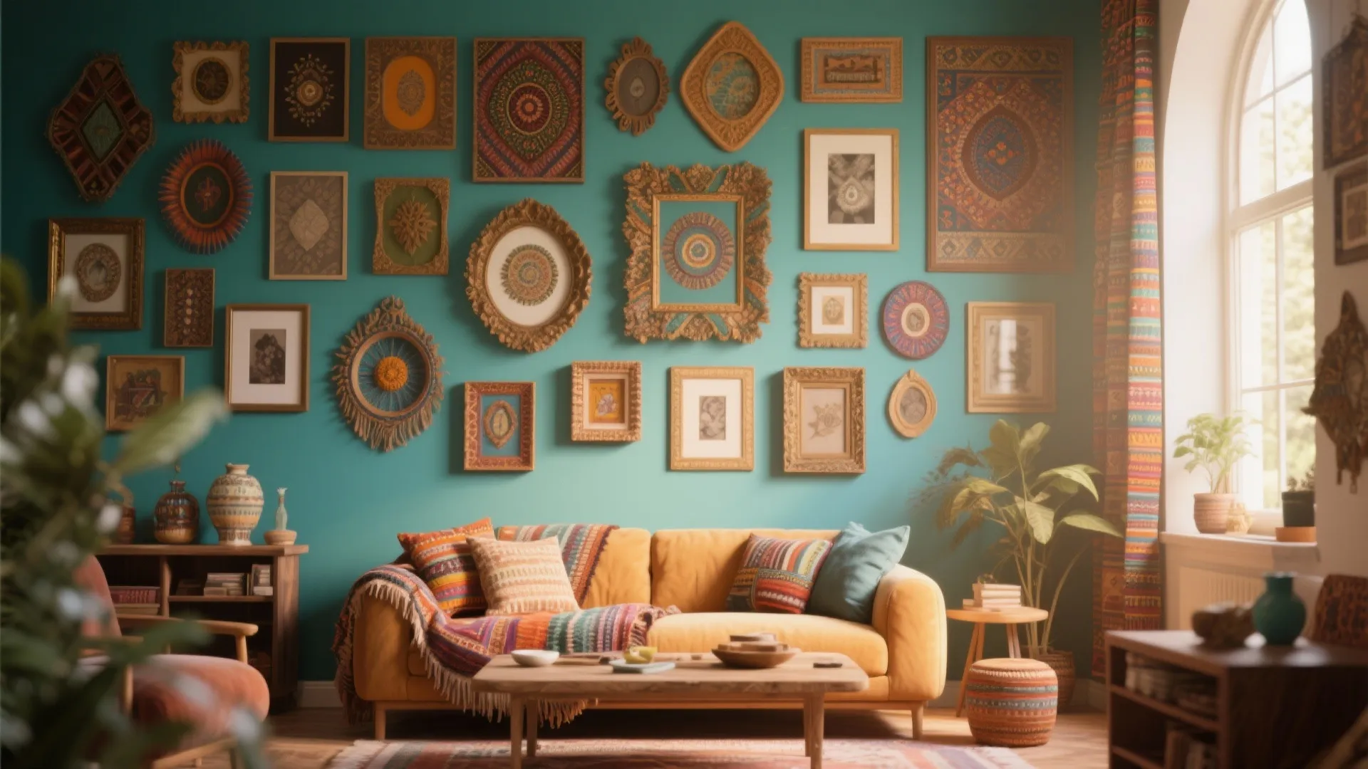 Eclectic living room with many patterned picture frames on a blue wall behind a sofa