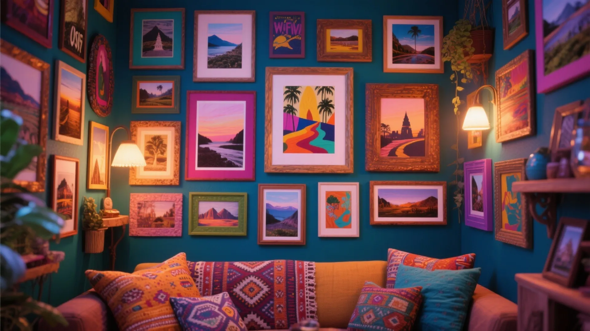 Colorful gallery wall with many art frames above yellow sofa with patterned pillows and lights