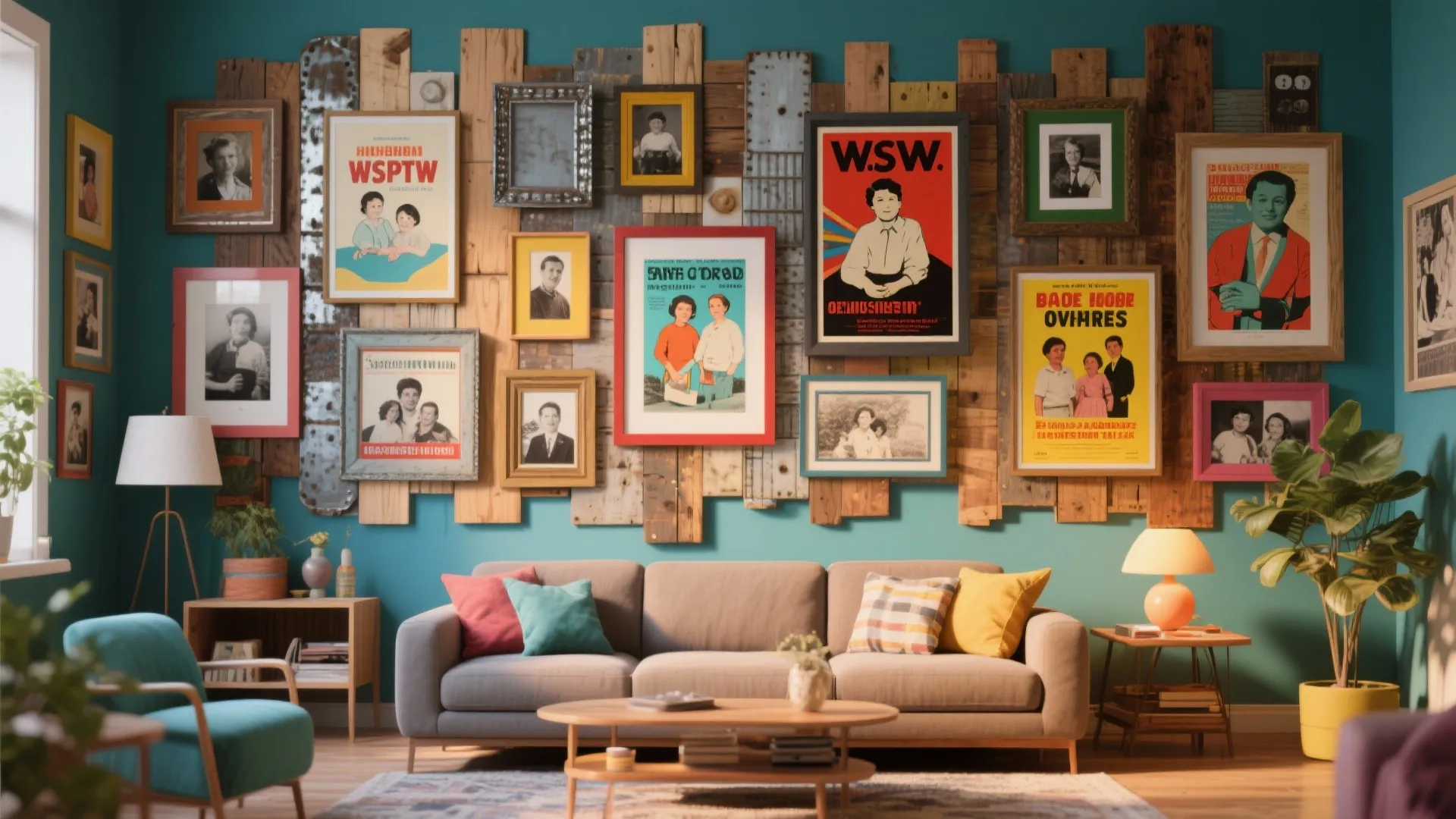 Eclectic living room featuring colorful gallery wall with framed art and photos above grey sofa