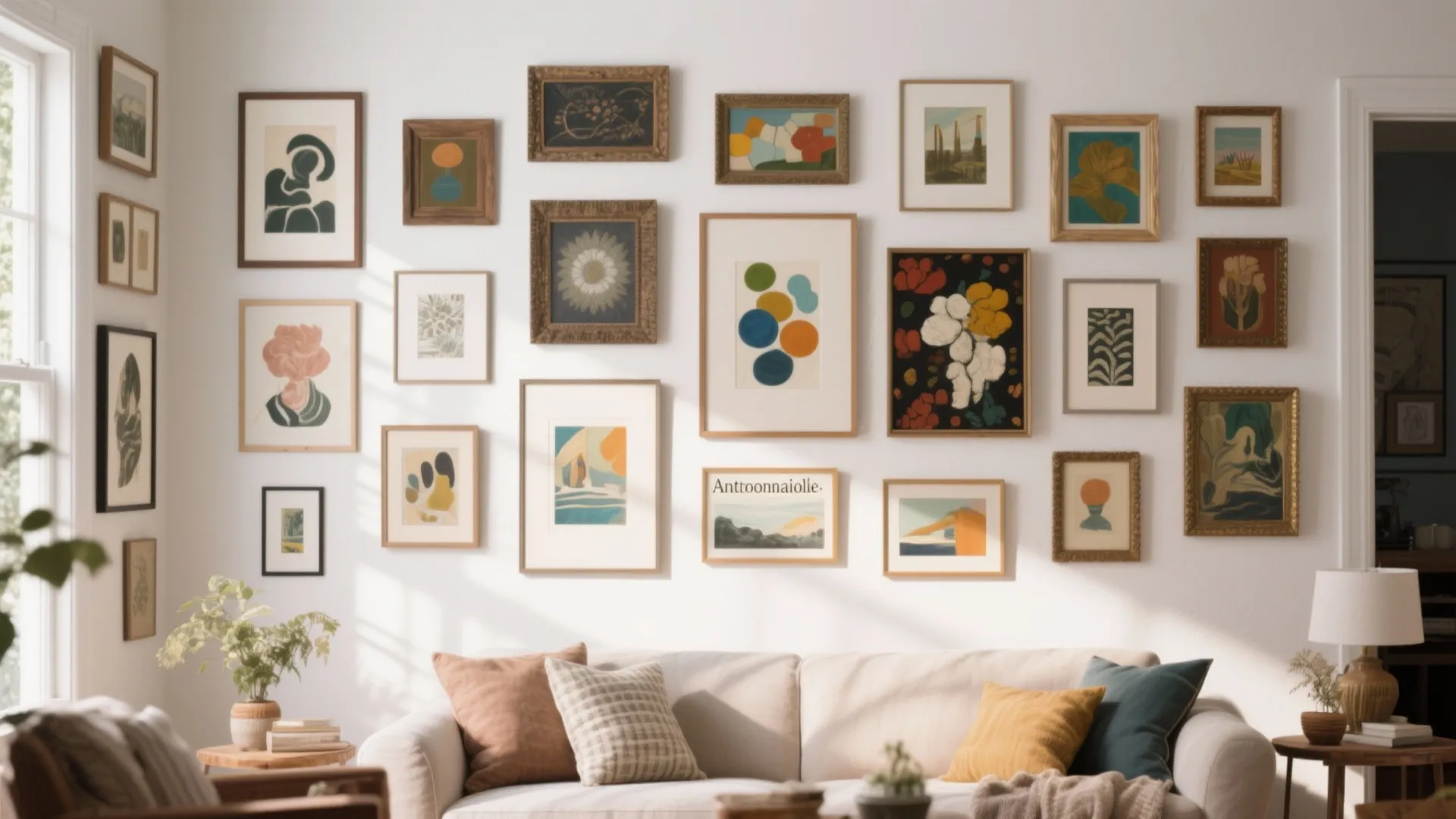 Eclectic gallery wall with mismatched frames in a cozy living room