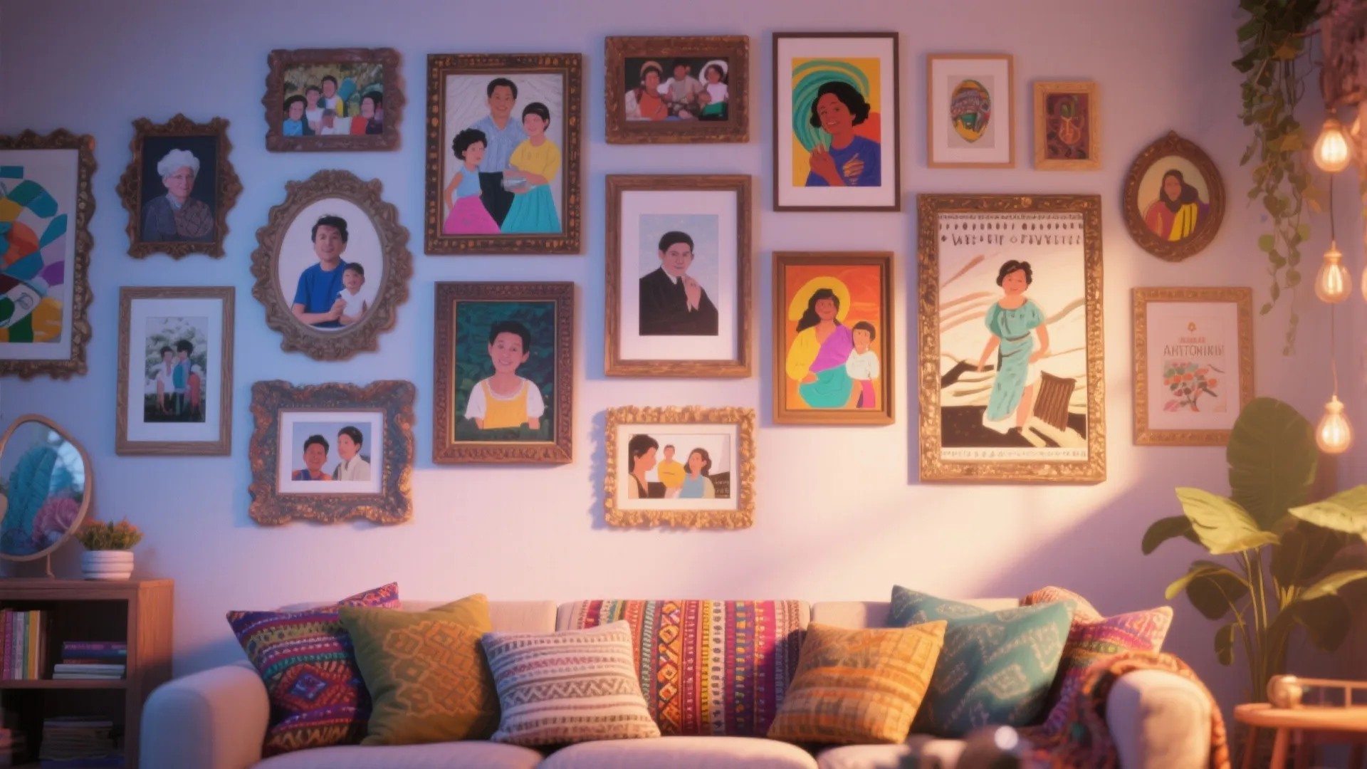 Eclectic wall art display with mismatched frames in cozy living room