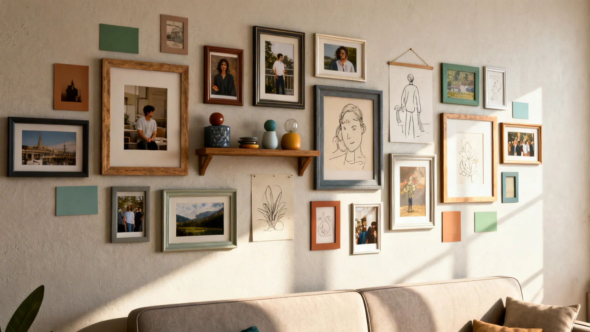 Eclectic gallery wall above a small sofa with mixed frames and cohesive visual elements
