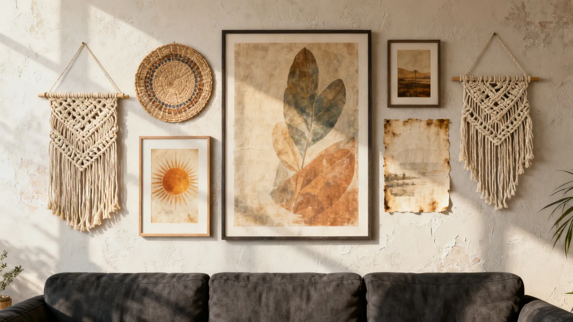 Gallery wall of woven art and macramé above a dark grey couch in a boho living room.