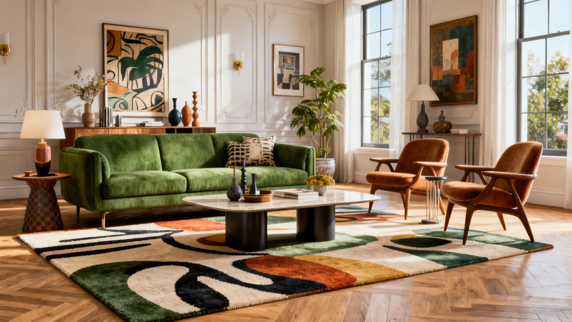 Curated eclectic living room mixing mid-century chairs and a green couch with an abstract rug.