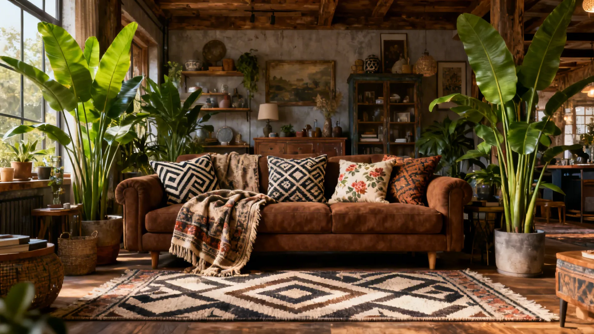 Brown couch with patterned pillows, vintage throw, geometric rug and tall plants.