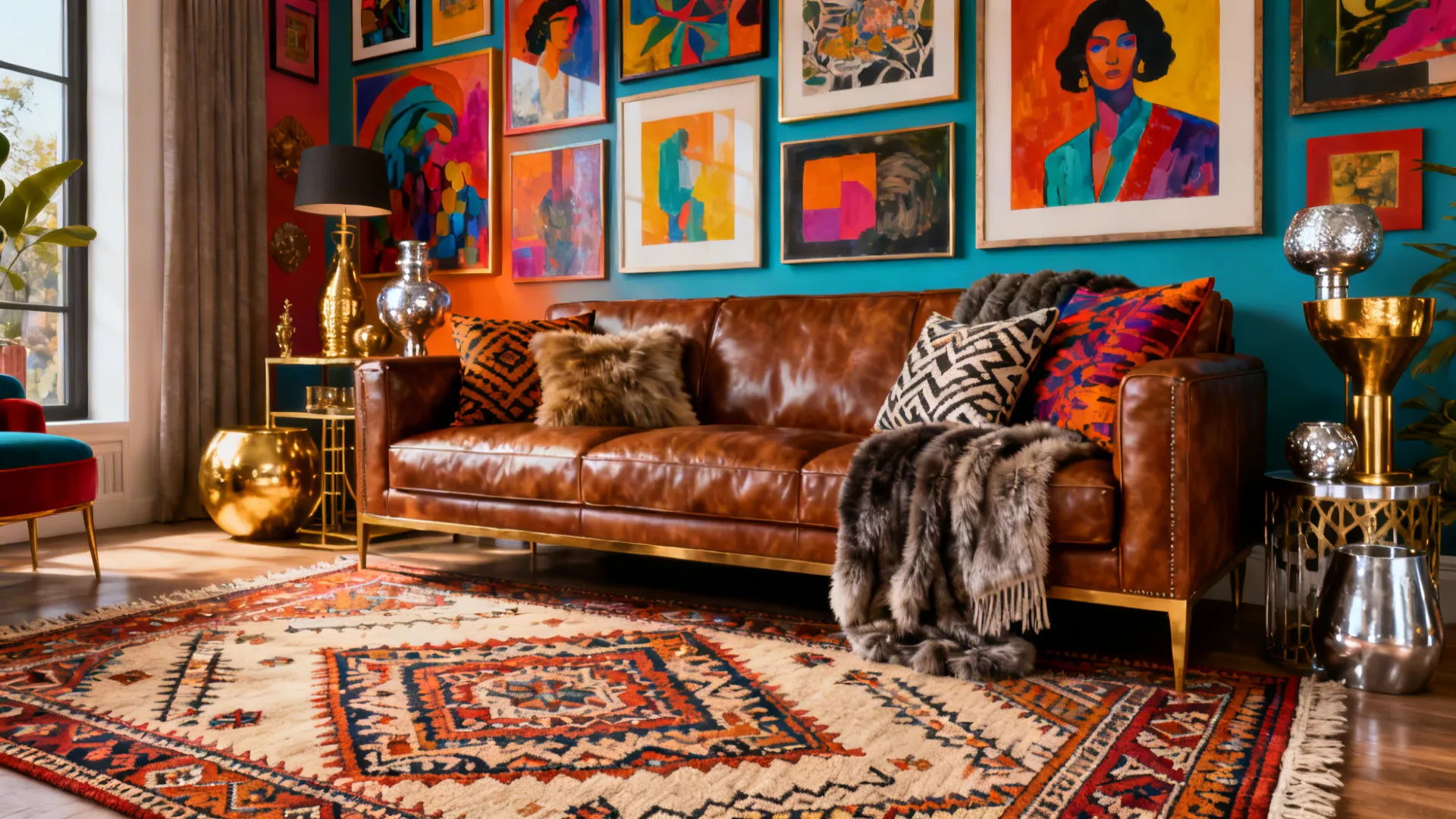 Eclectic living room with brown leather sofa, gallery wall and patterned rug.