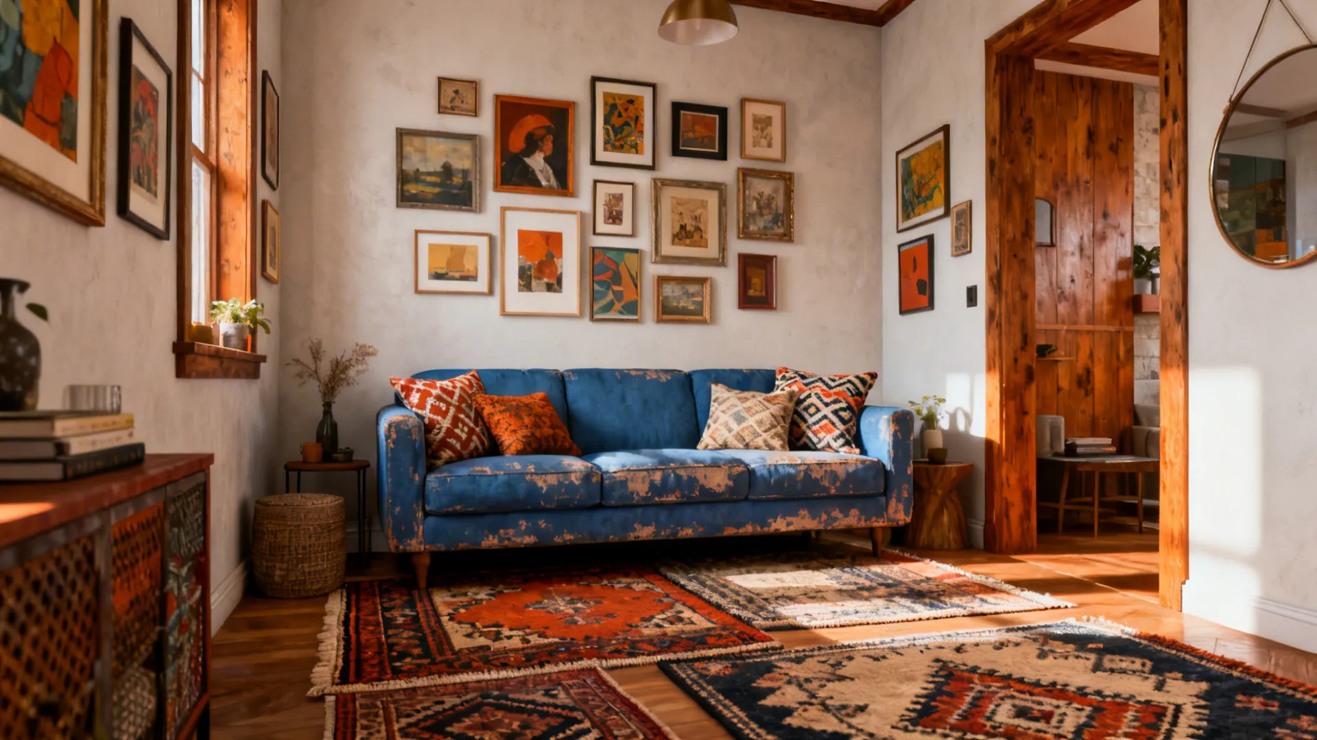 Eclectic small living room with a chipped blue sofa, vintage rugs and patterned cushions.
