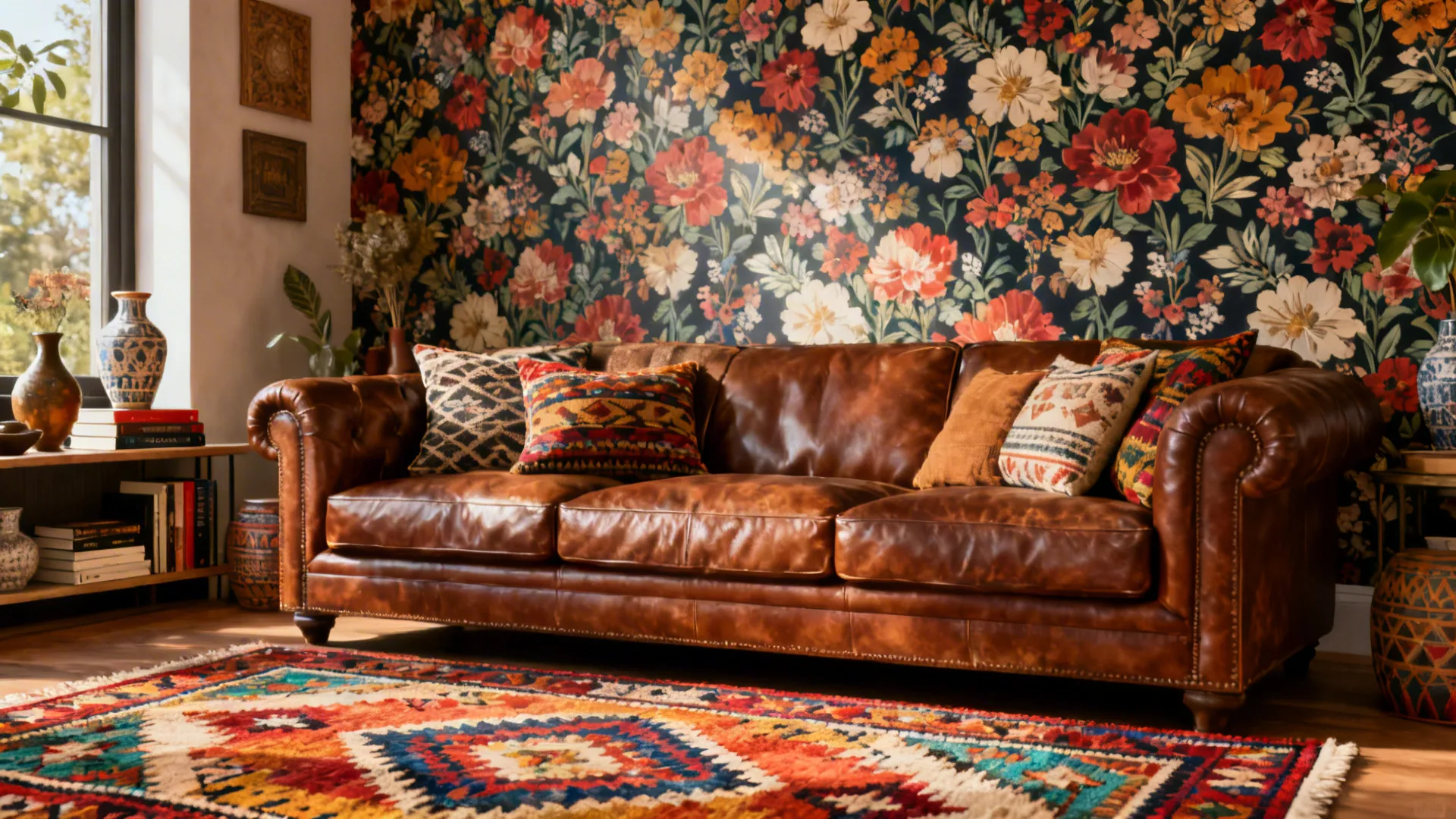 Eclectic living room with a brown leather sofa, floral wallpaper, and patterned rug