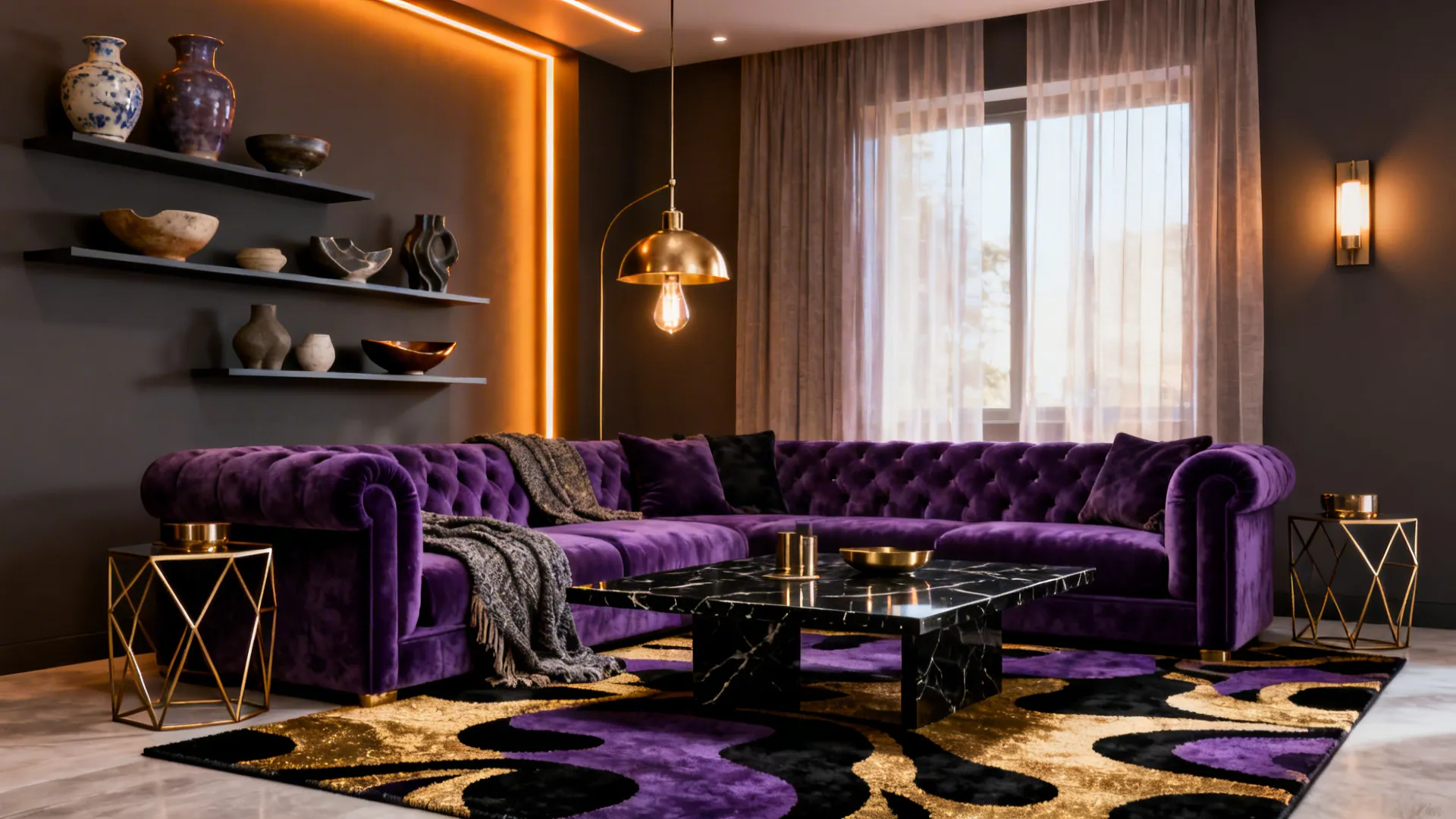 Violet sofa with black accents and brass lighting in a modern eclectic living room.
