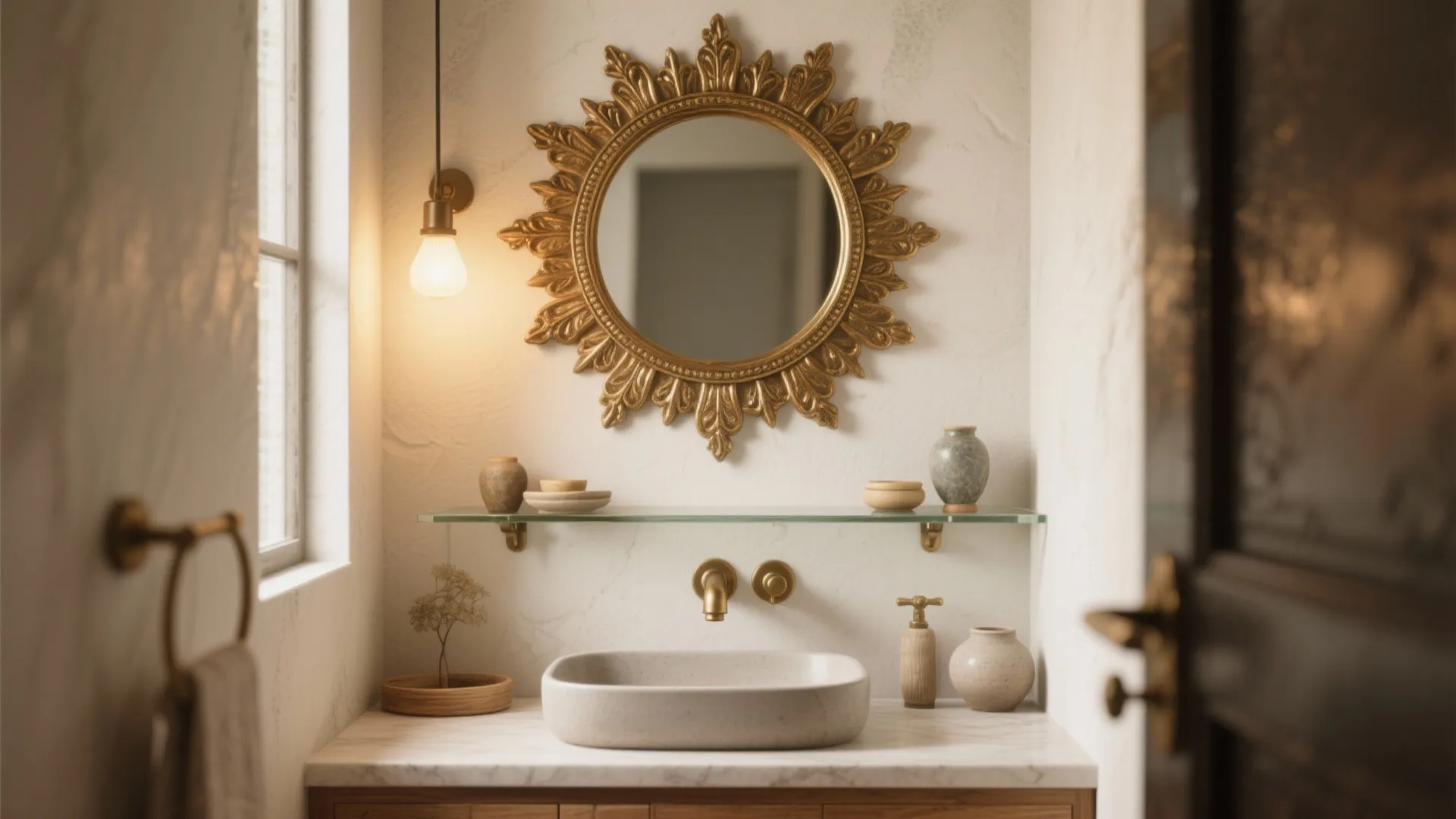 Elegant bathroom with sun shaped gold mirror white marble counter sink wall light and glass shelf
